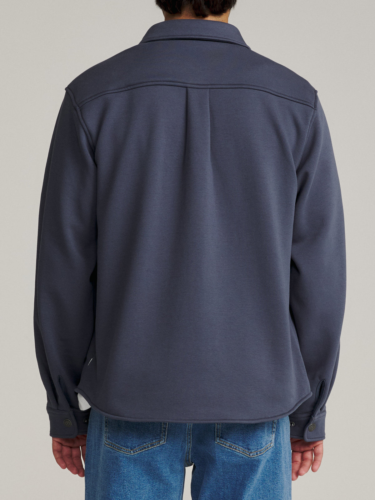 Katin Harold Fleece Shirt Jacket in Washed Blue fleece-backed twill, on model, back #color_washed blue