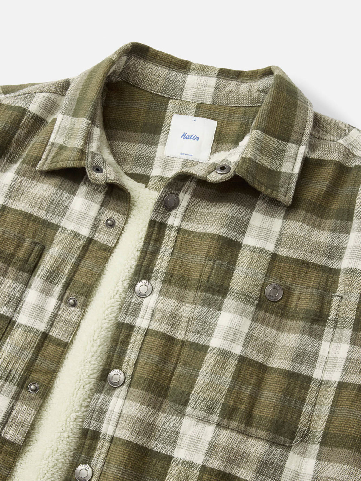 Katin Harold Plaid Shirt Jacket in Olive midweight brushed flannel, flat, collar detail #color_olive