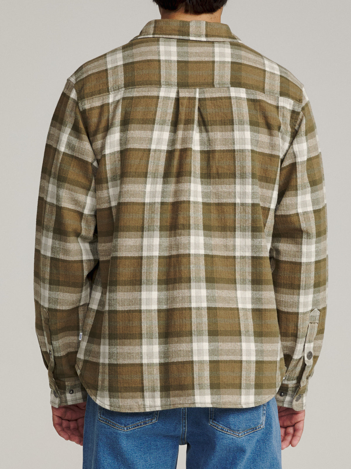 Katin Harold Plaid Shirt Jacket in Olive midweight brushed flannel, on model, back #color_olive