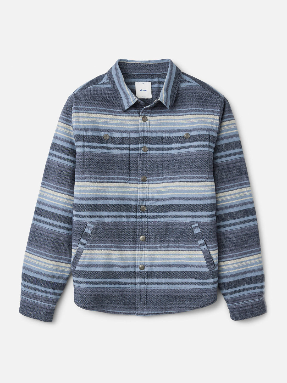 Katin Harold Stripe Shirt Jacket in Navy midweight brushed flannel, flat, front #color_navy