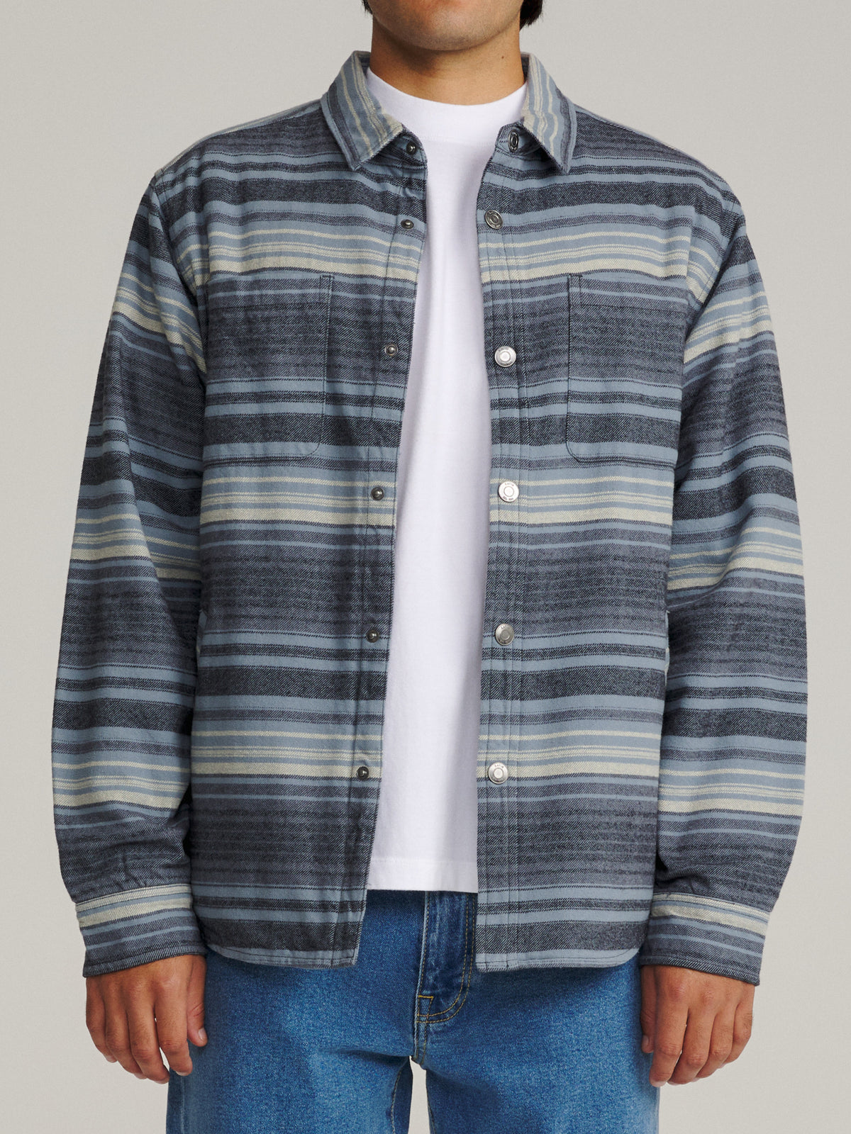 Katin Harold Stripe Shirt Jacket in Navy midweight brushed flannel, on model, front #color_navy