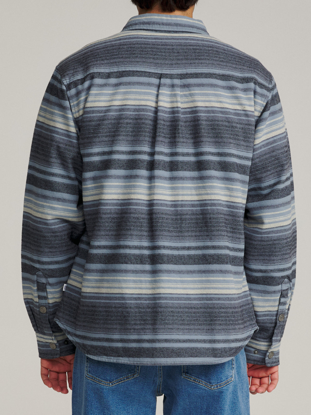 Katin Harold Stripe Shirt Jacket in Navy midweight brushed flannel, on model, back #color_navy