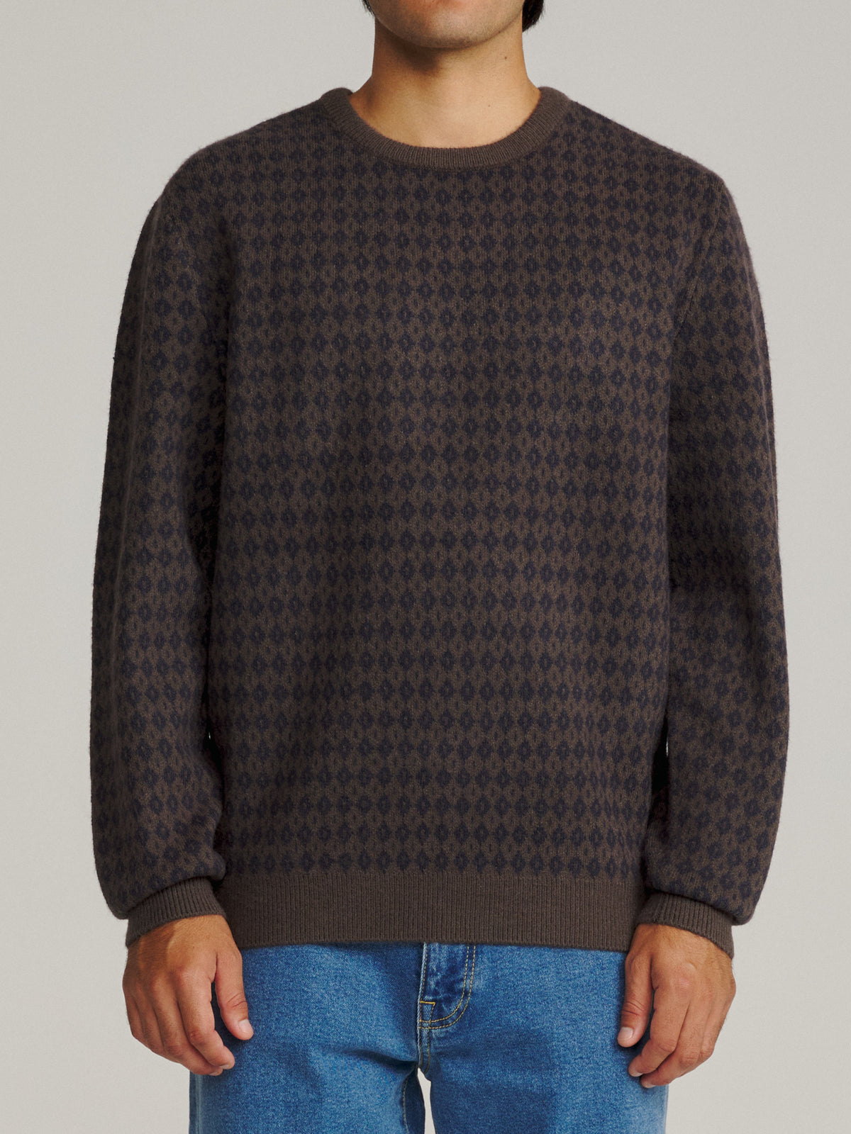 Katin Check Sweater in Gray/Navy with a custom argyle pattern, on model, front #color_gray/navy