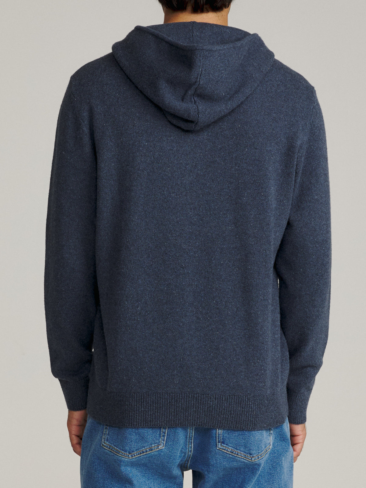Katin Hayes Hooded Henley Sweater in Heather Blue, on model, back #color_heather blue