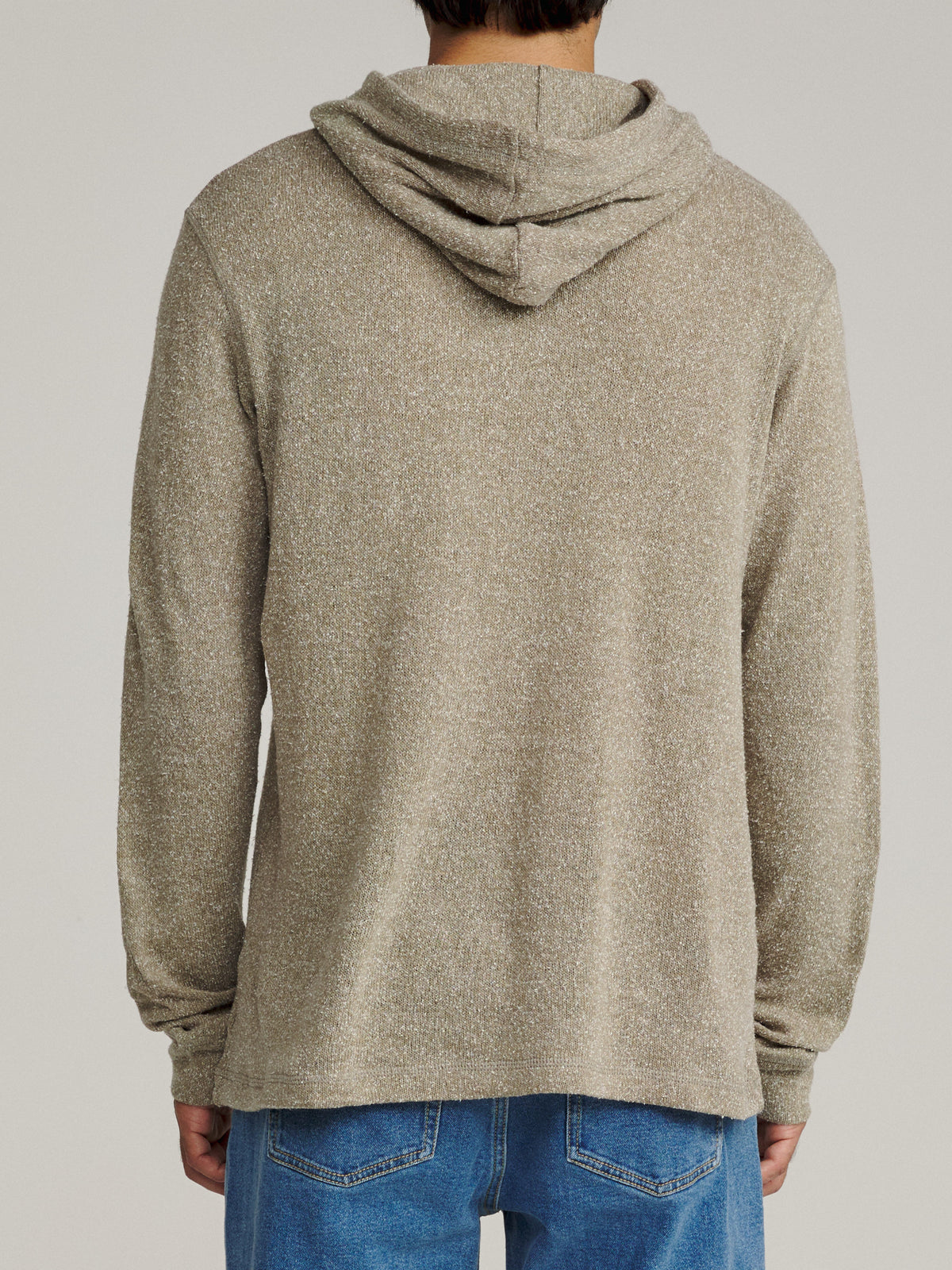 Katin Sock Hood Sweater in Light Olive, on model, back #color_light olive