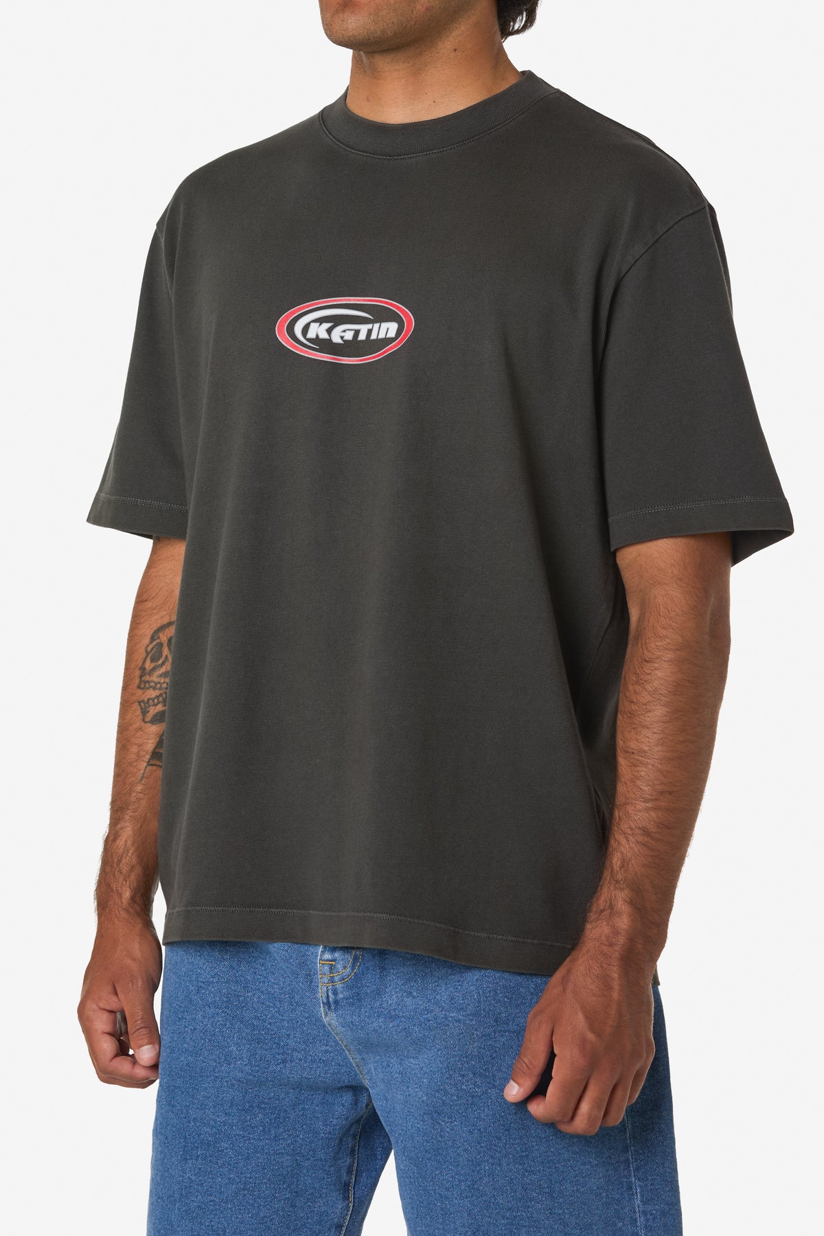 Katin Crescent Box Fit Tee in Lead, on model, side #color_lead