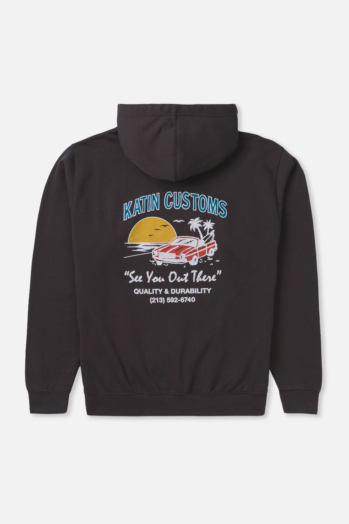 Black hoodie with a graphic design on the back against a white background