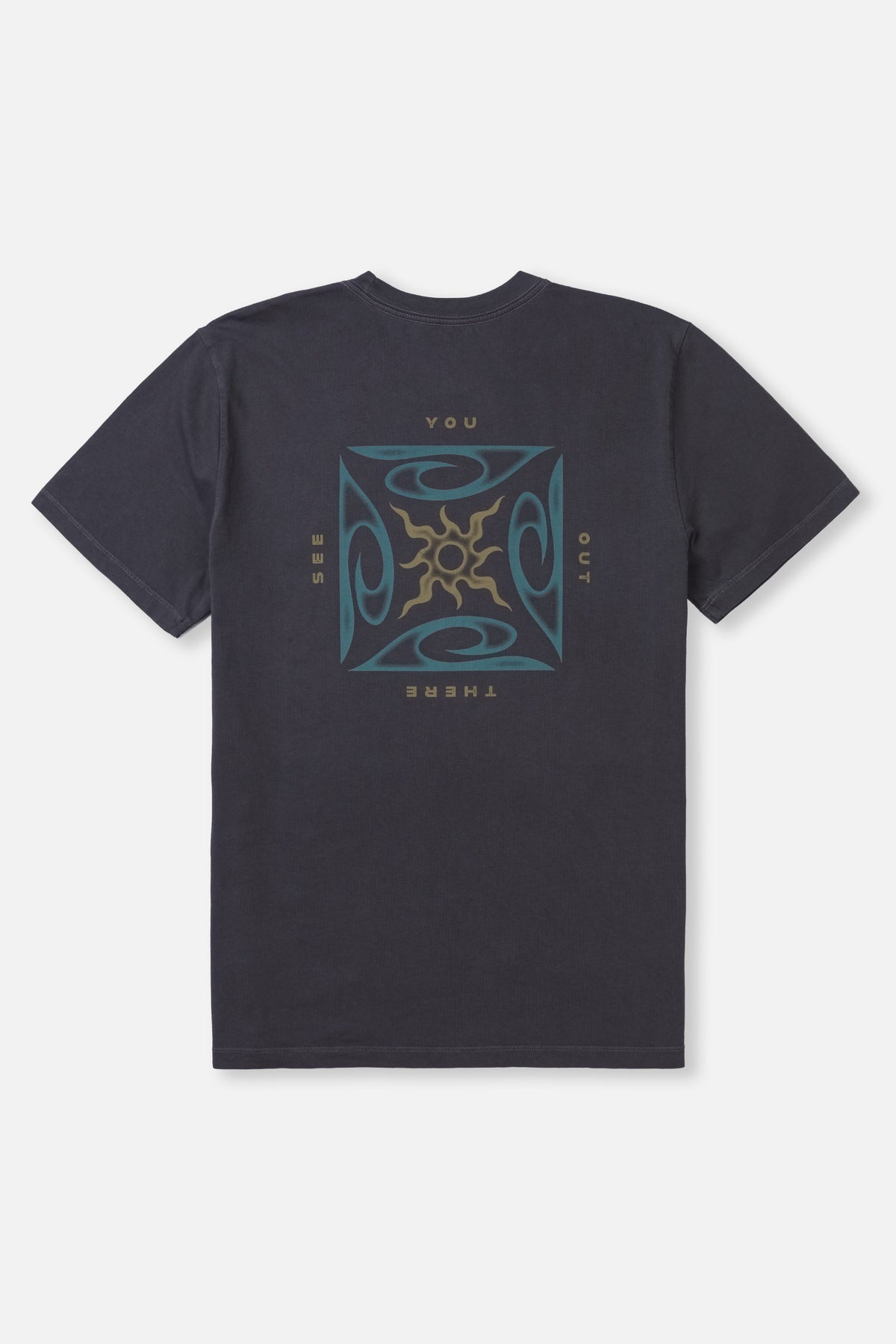 Black t-shirt with a geometric design on a white background