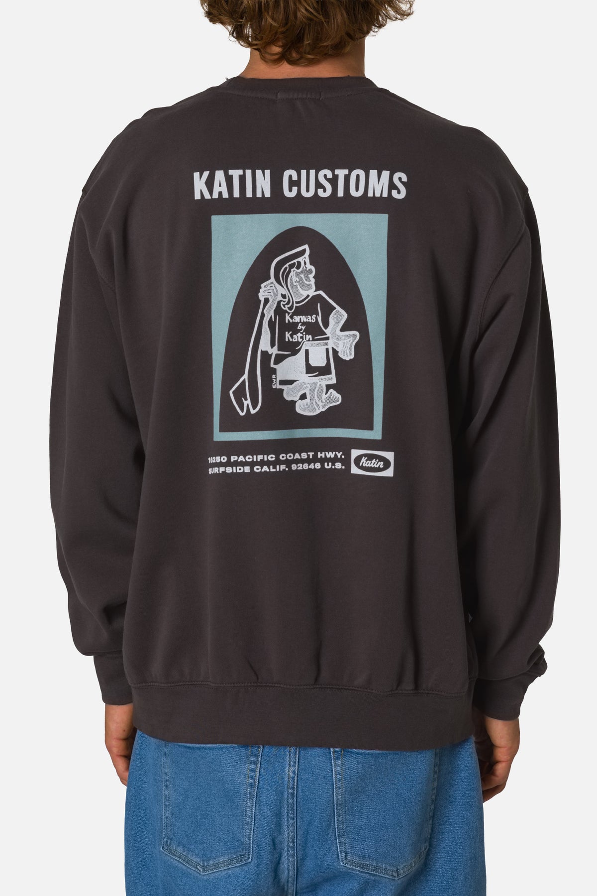 Black sweatshirt with 'Katin Customs' graphic on the back, worn by a person.