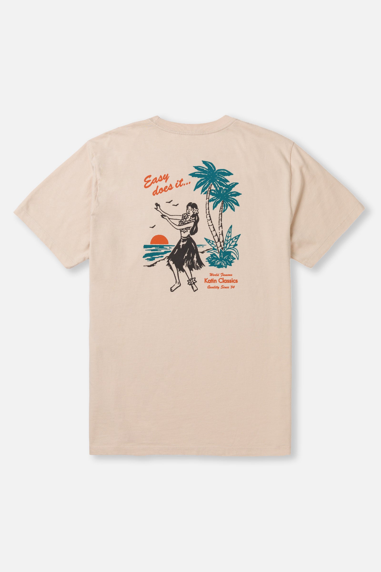 Beige t-shirt with a graphic design on the back featuring a palm tree and text, on a white background.