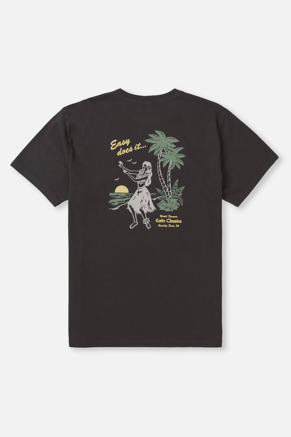 Black t-shirt with a graphic design on the back featuring a person, palm trees, and text.