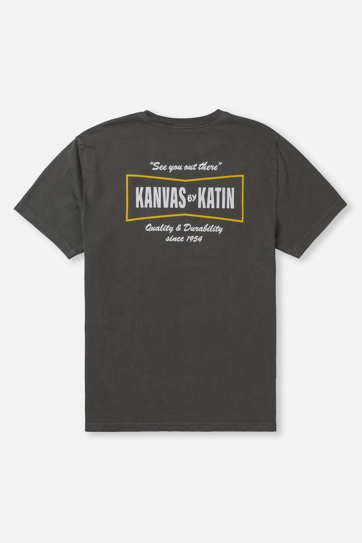 Black t-shirt with Kanvas of Katin branding on a light gray background