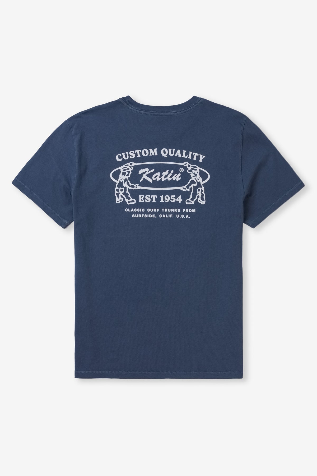 Navy blue t-shirt with white graphic and text on a white background