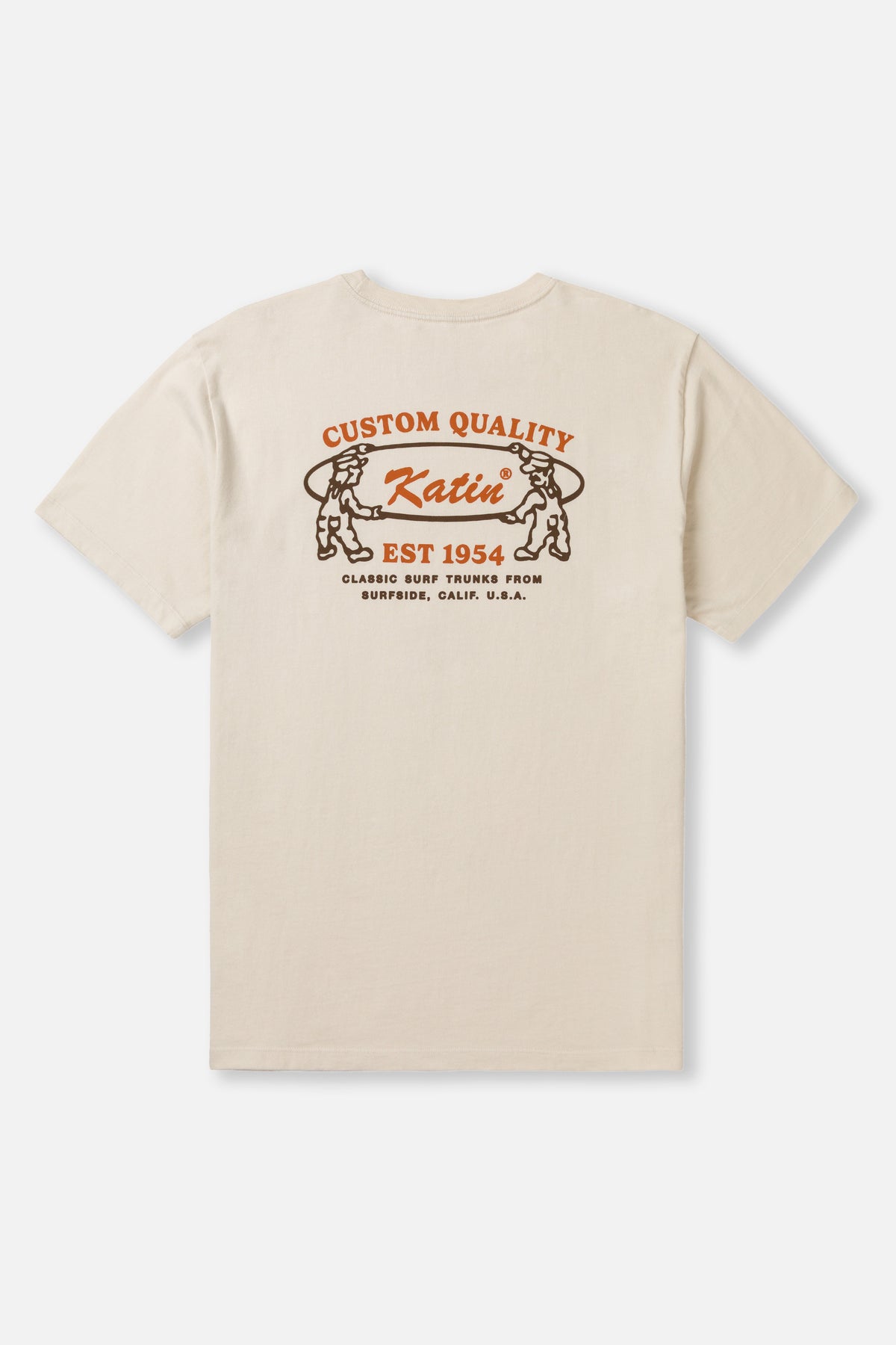 Beige t-shirt with a printed design on the back against a white background