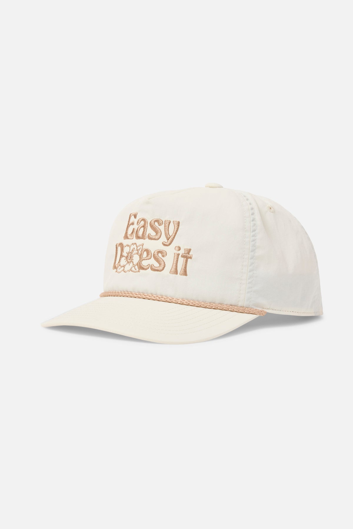 White cap with 'Easy Does It' text on a white background