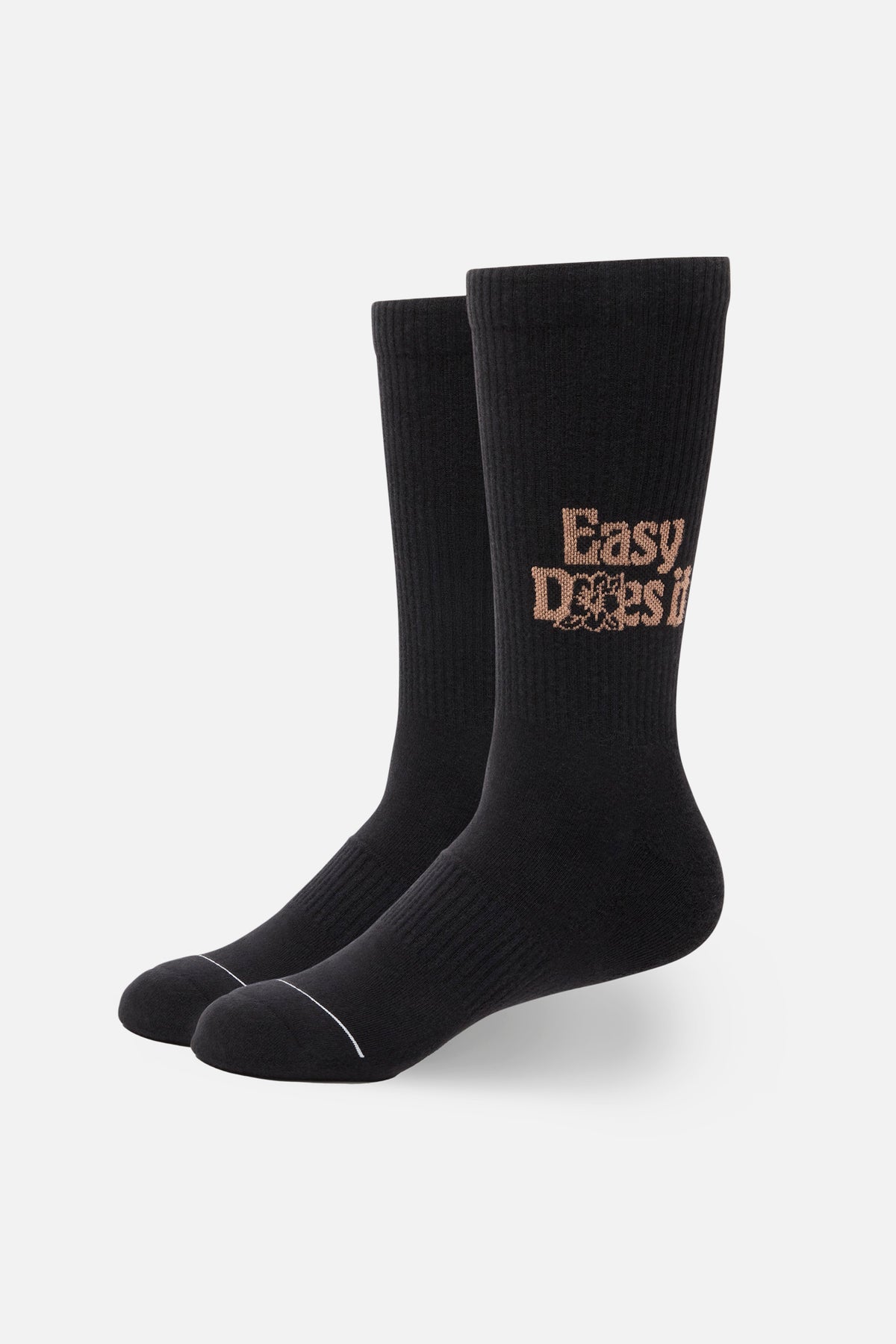 Black socks with 'Easy Does It' text on a white background