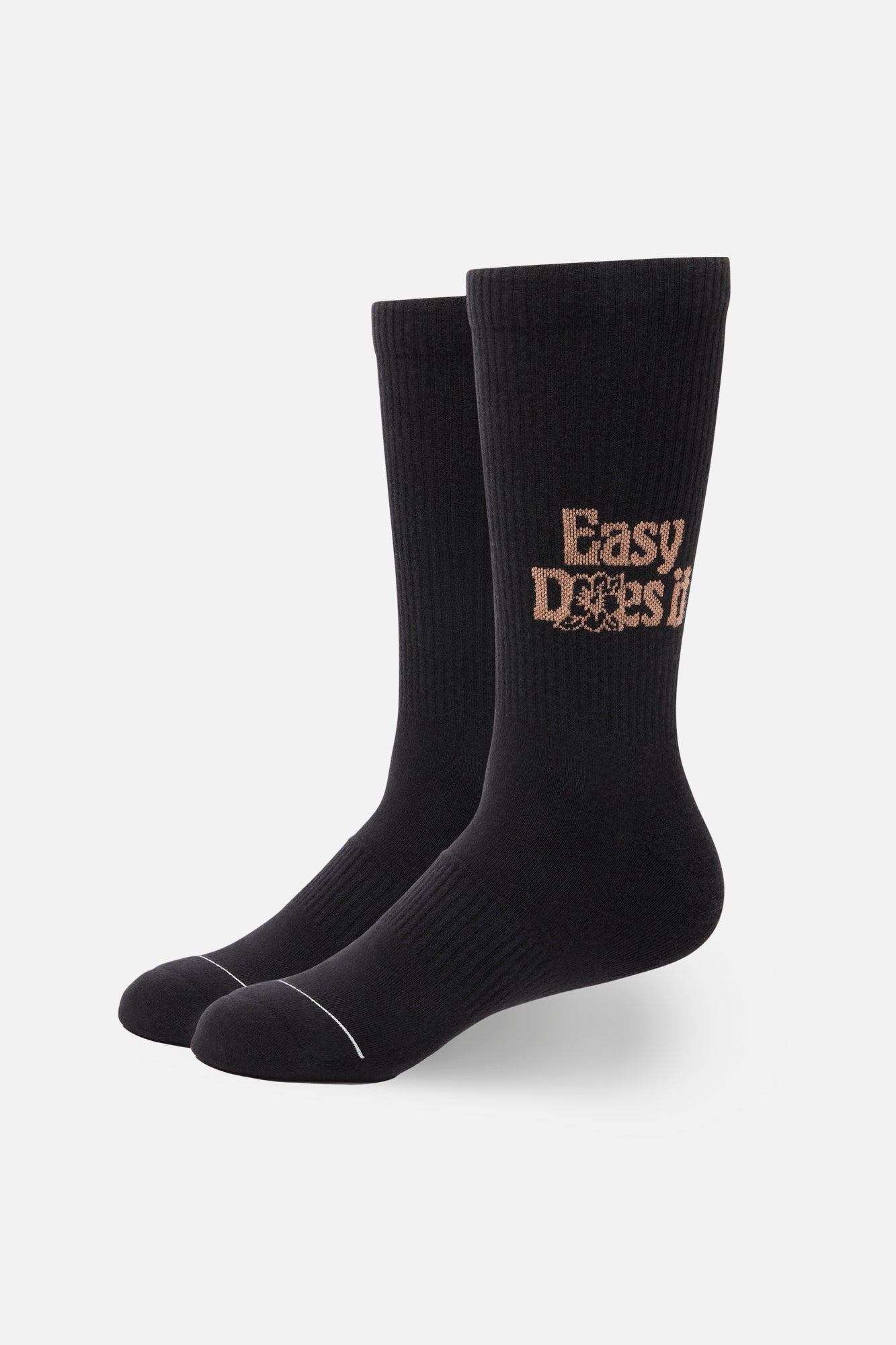 Black socks with 'Easy Does It' text on a white background