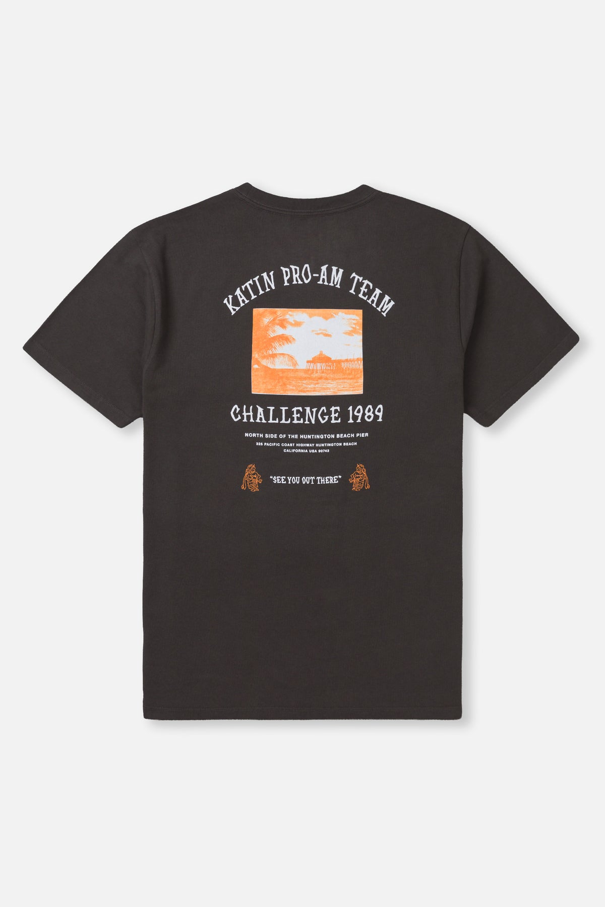 Black t-shirt with graphic design and text on a white background