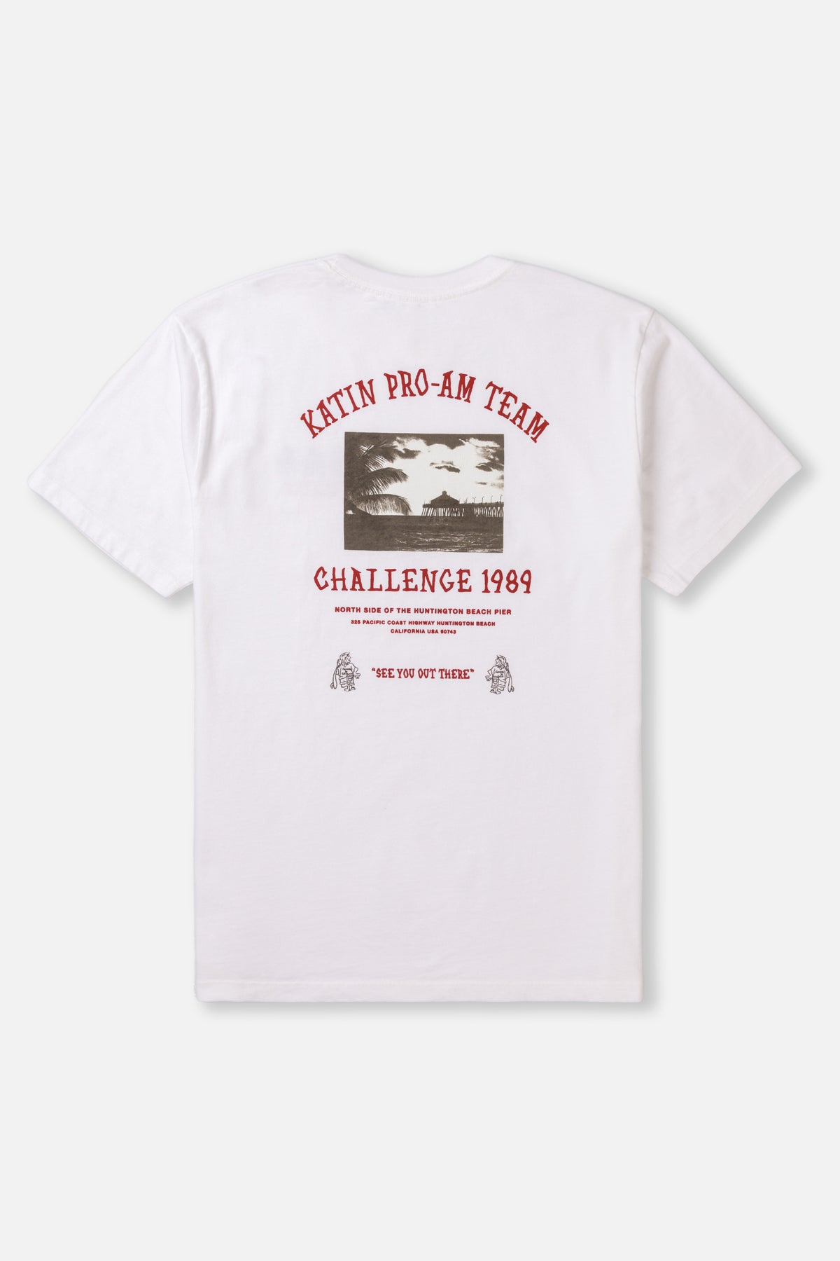 White t-shirt with red text and graphics on a white background