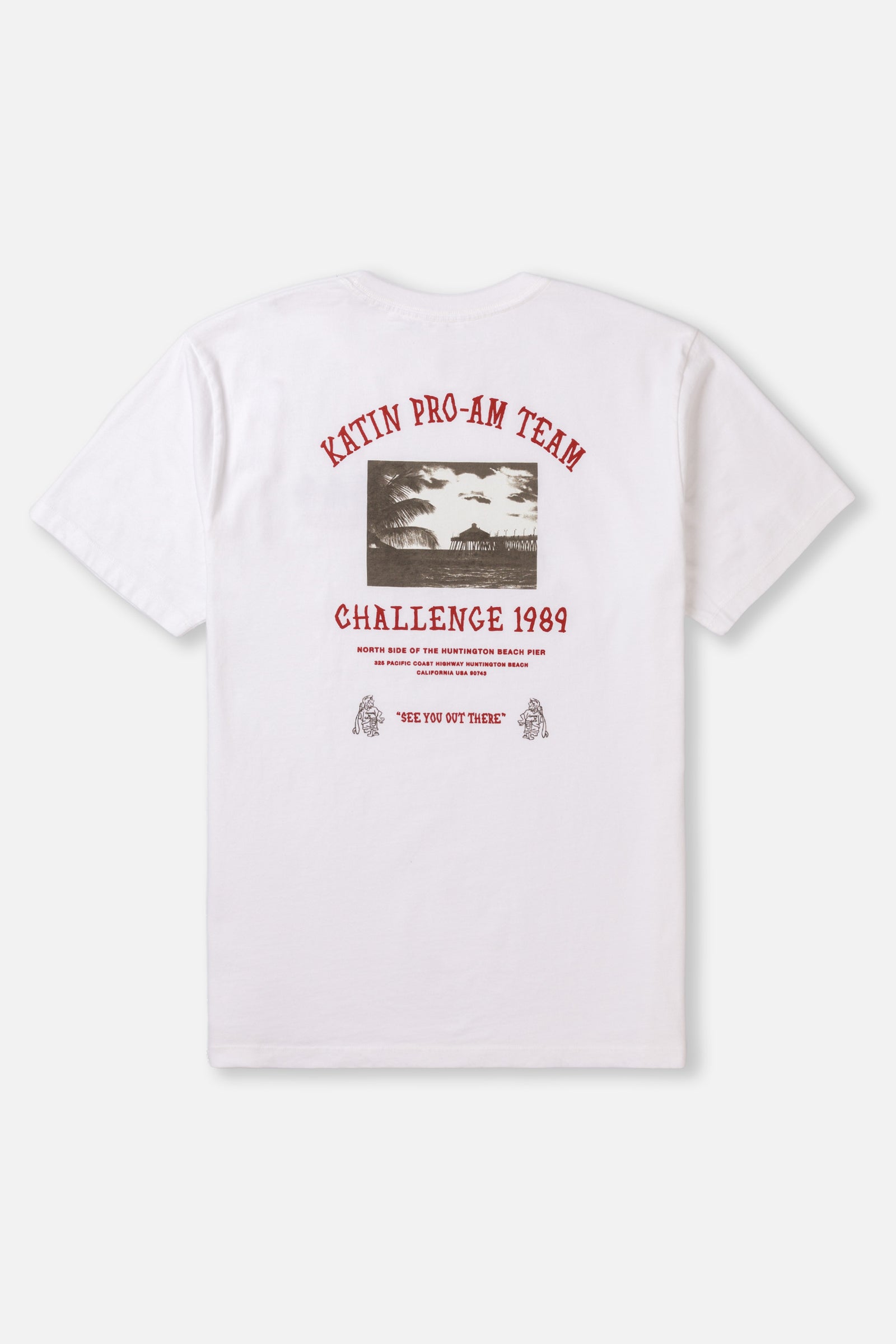 White t-shirt with red text and graphics on a white background