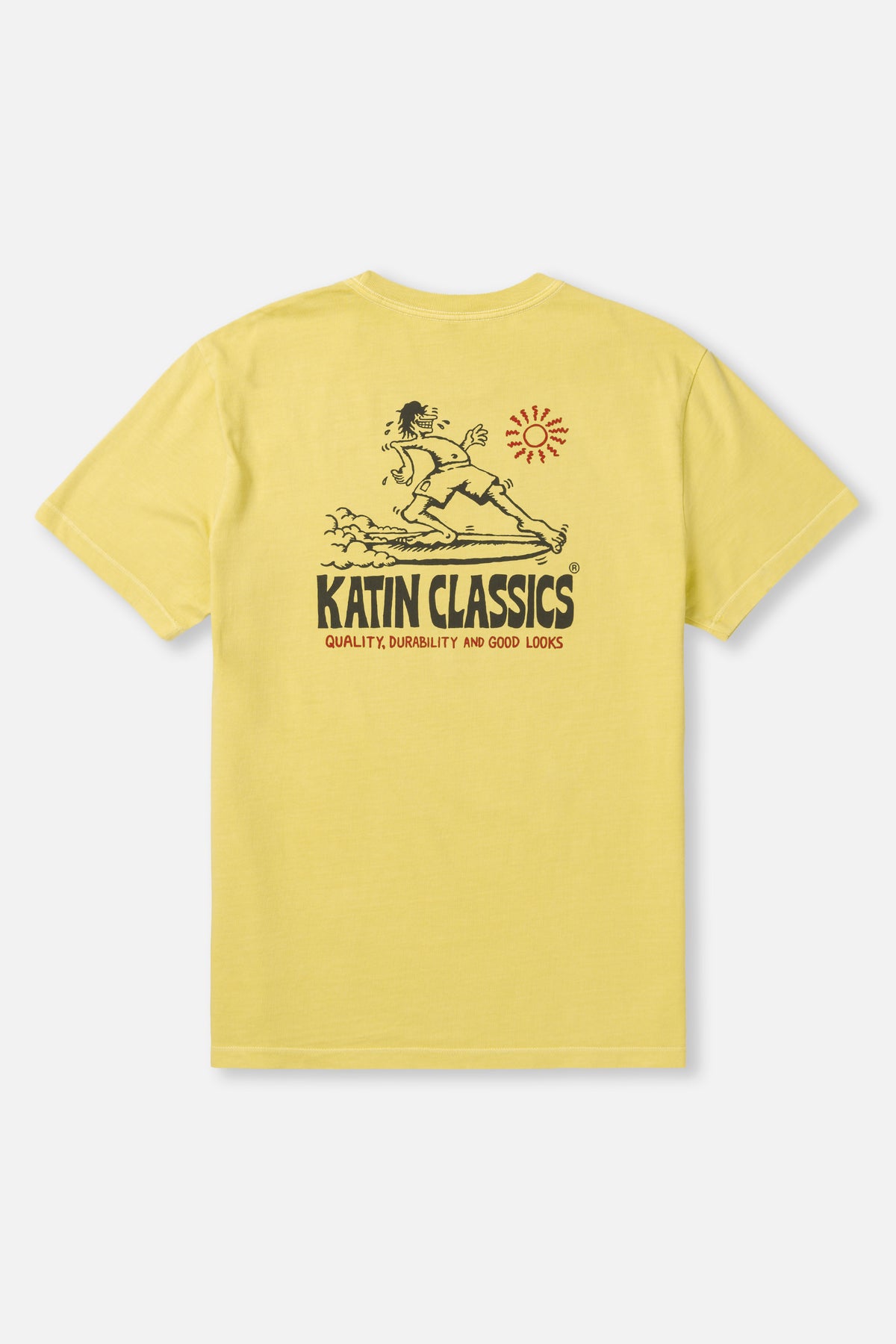 Yellow t-shirt with a graphic design and text on the back, on a white background