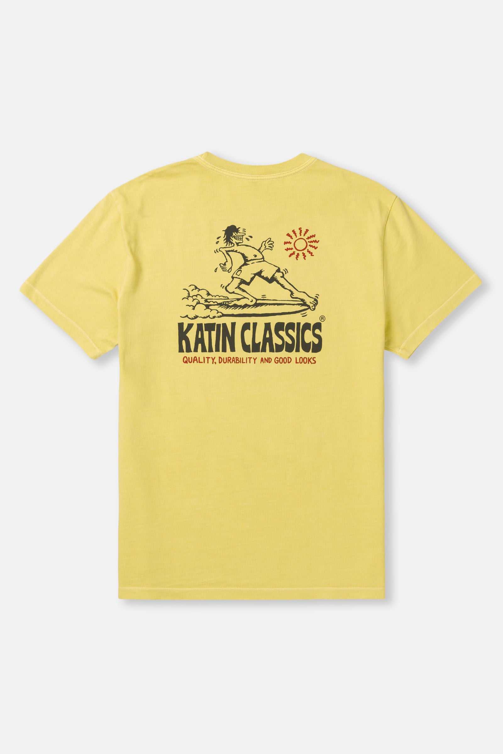 Yellow t-shirt with a graphic design and text on the back, on a white background