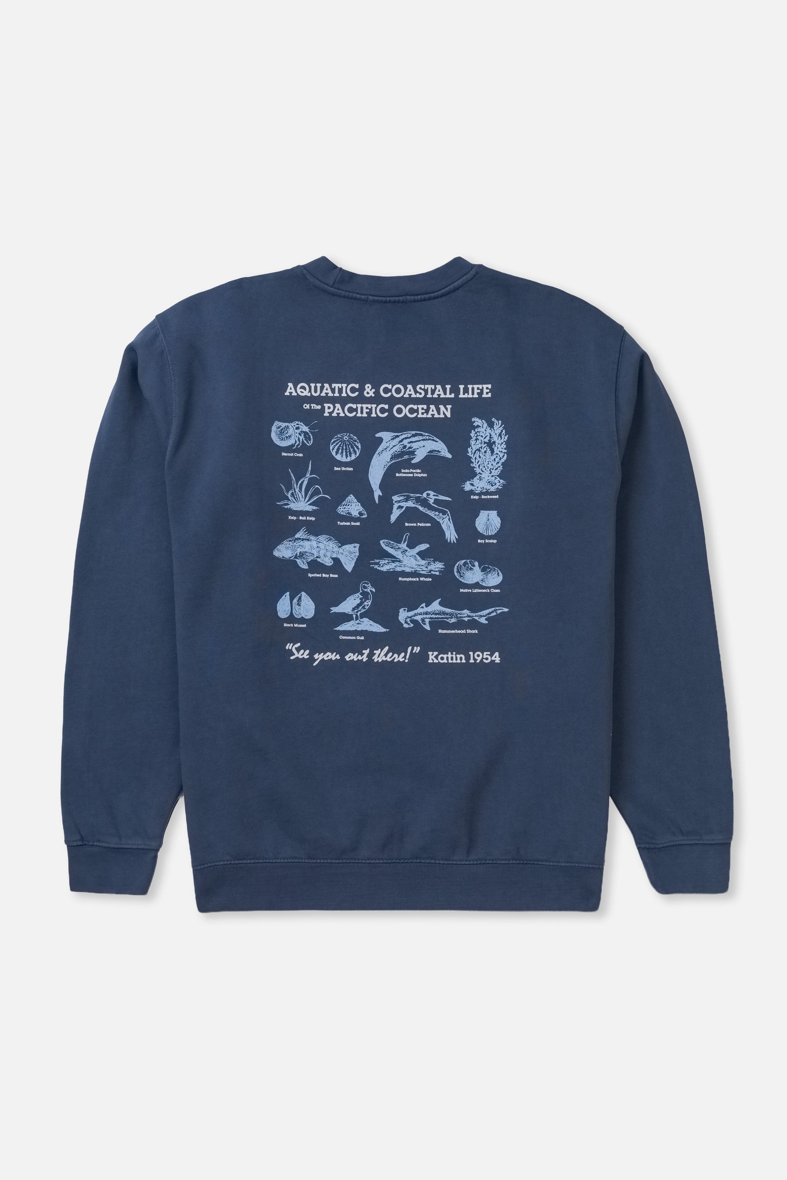 Navy blue sweatshirt with white graphics and text on a light gray background