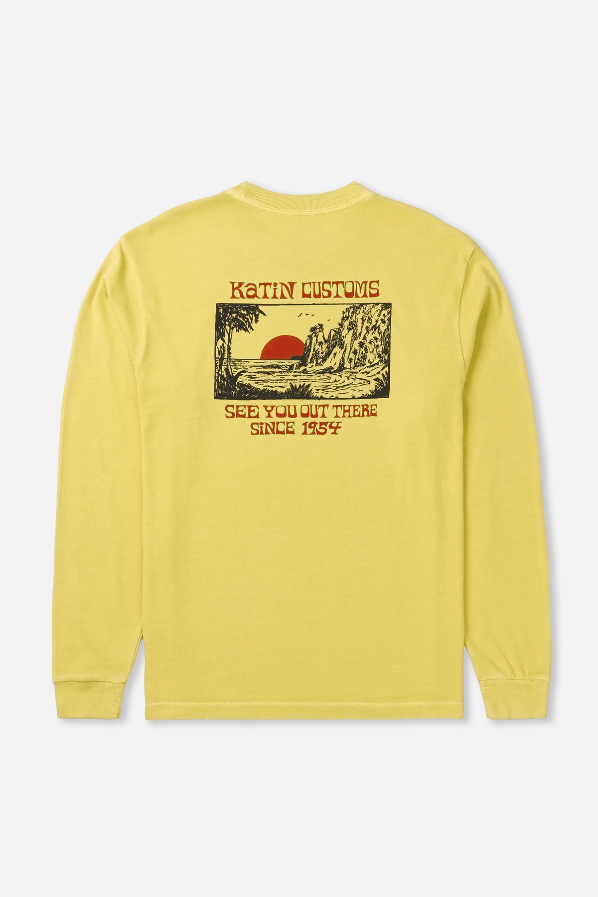 Yellow long-sleeve shirt with a graphic design on the back against a white background