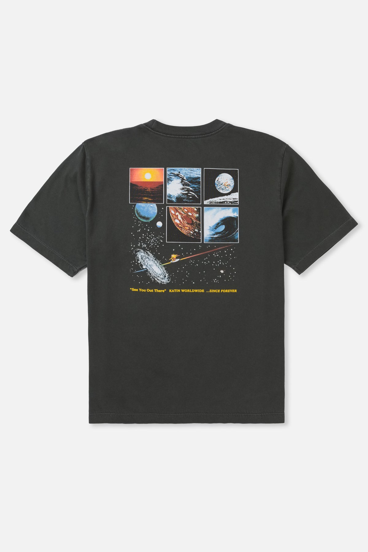 Black t-shirt with space-themed graphic on a white background