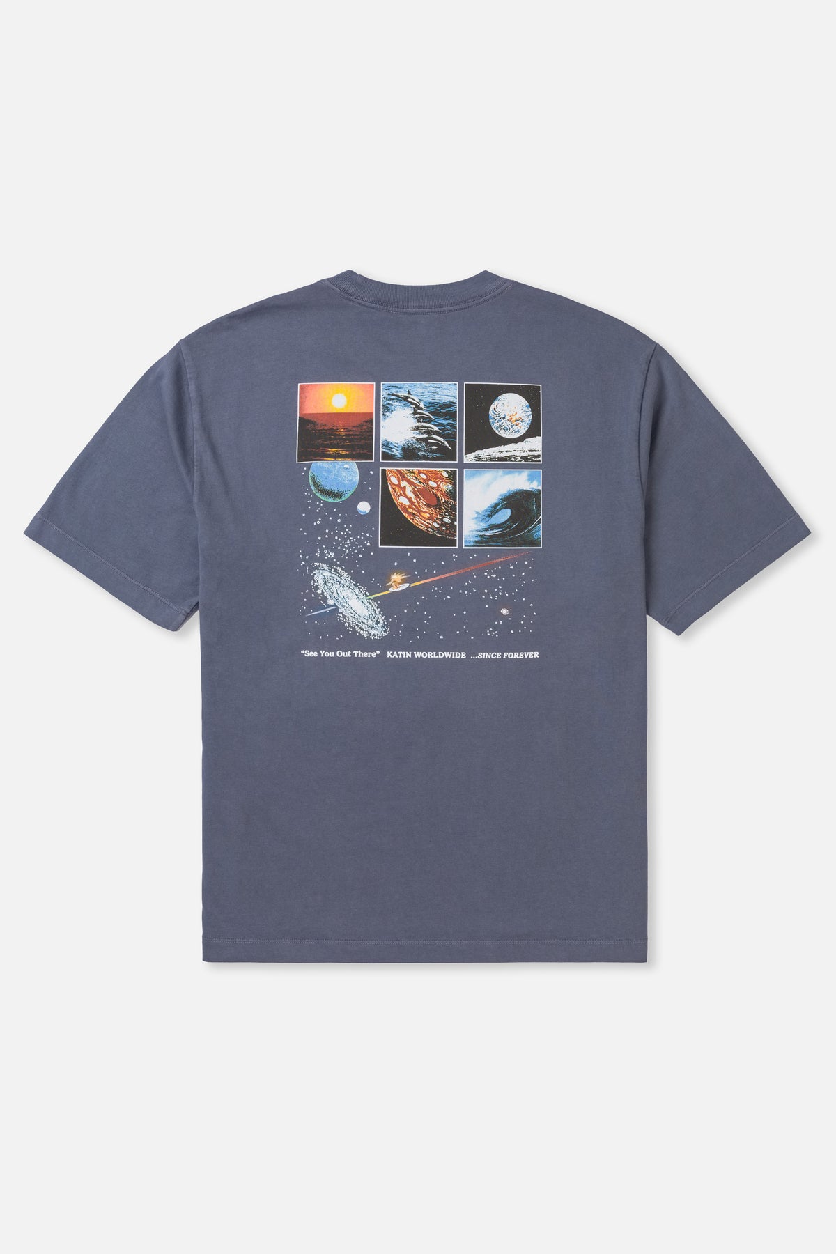 Navy blue t-shirt with space-themed graphic on a light gray background