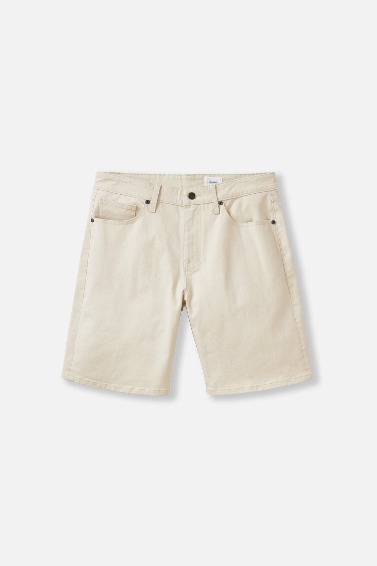 Beige denim shorts on a white background