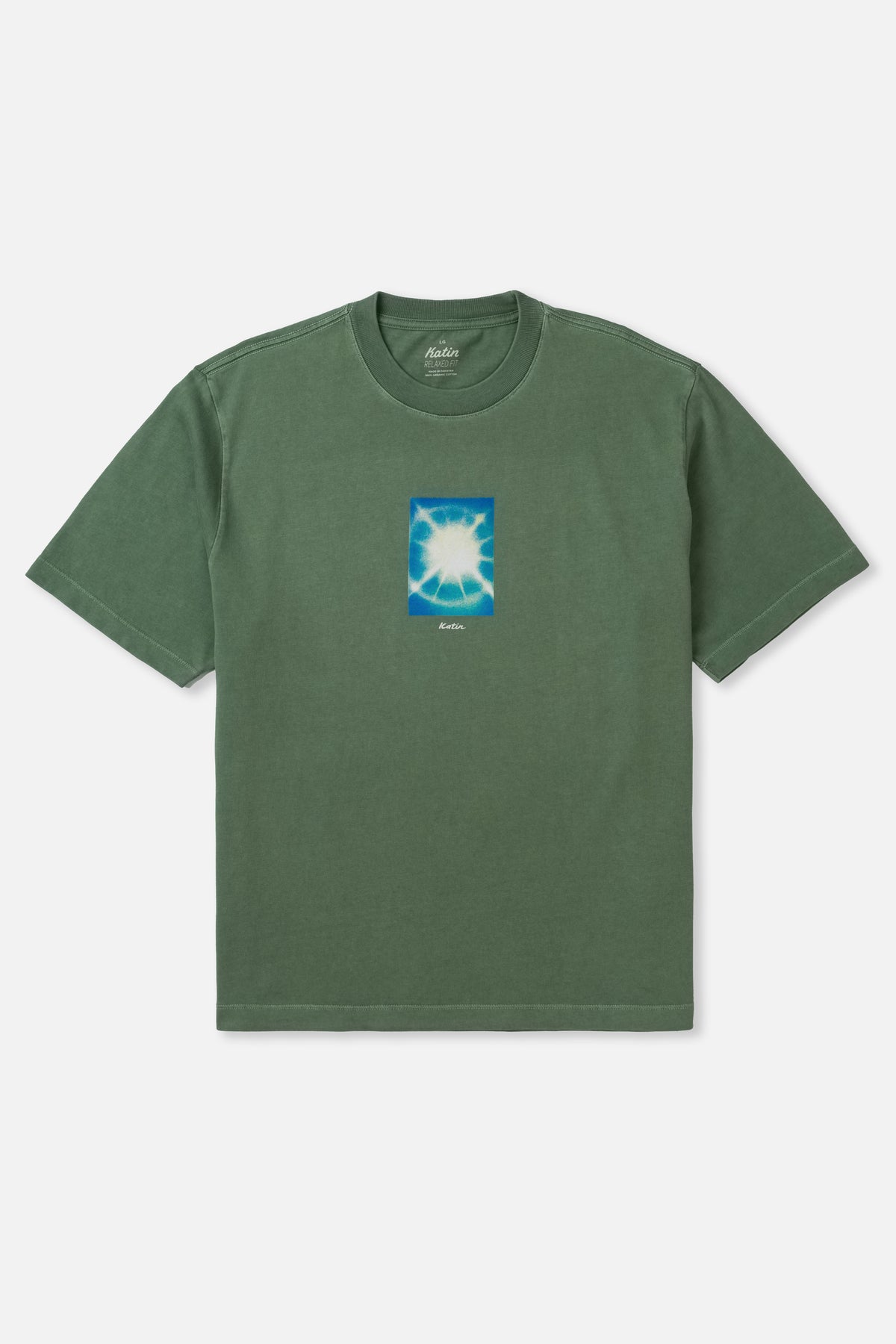 Green t-shirt with a small graphic on a white background