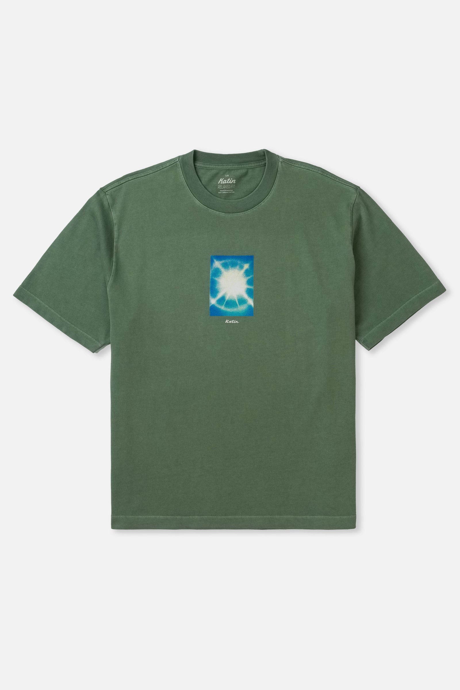 Green t-shirt with a small graphic on a white background