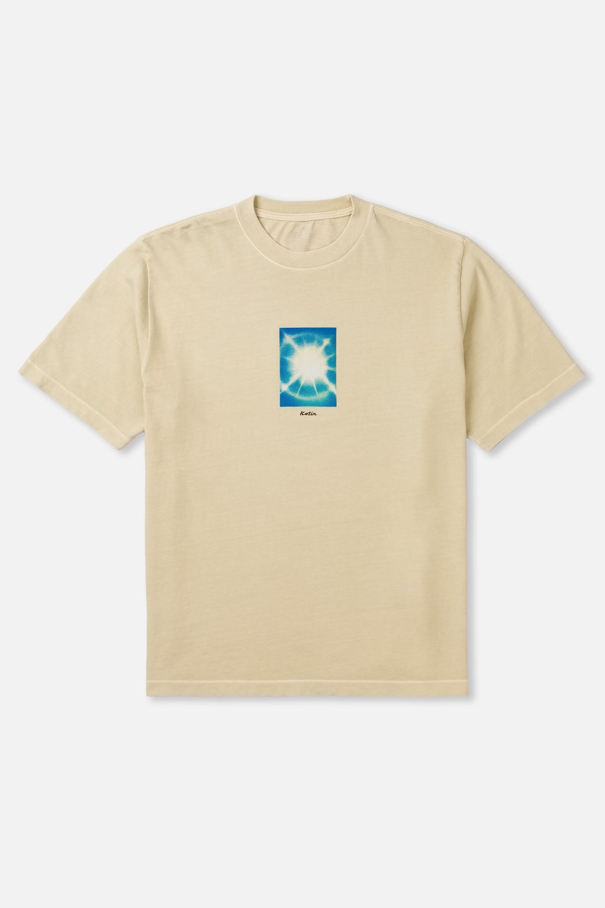 Beige t-shirt with a blue graphic on a white background