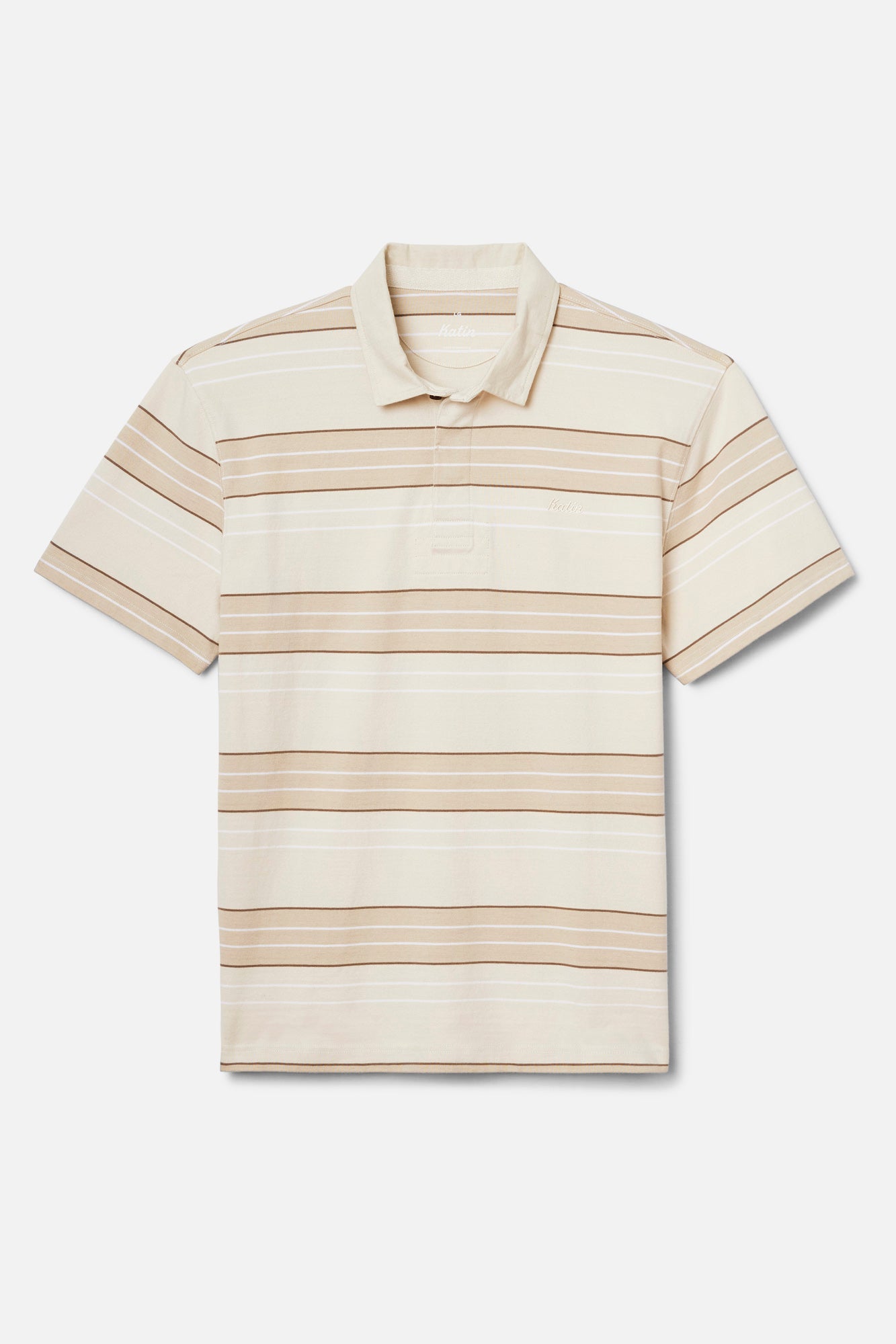 Beige and brown striped polo shirt on a white background