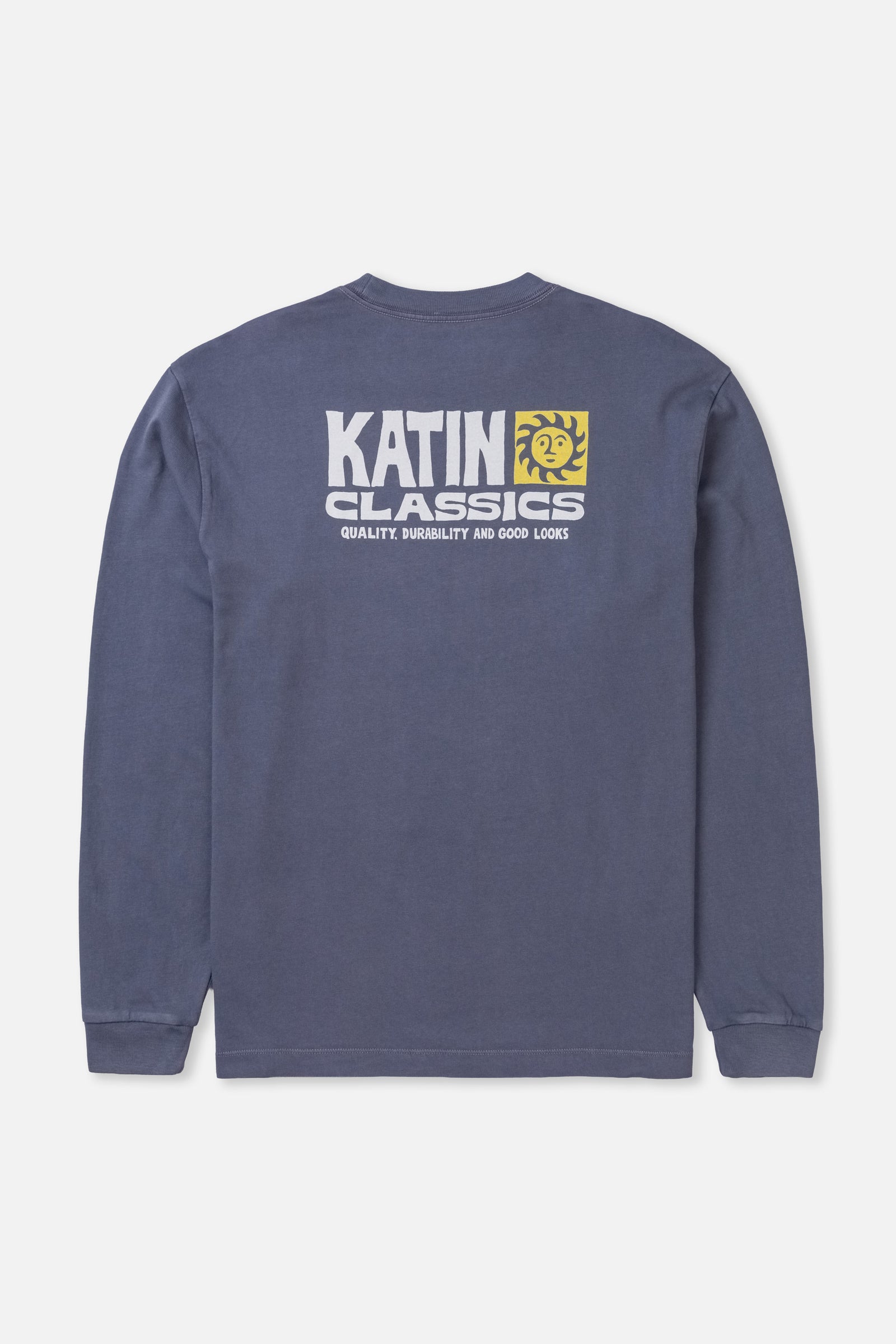 Navy long-sleeve shirt with Katin Classics logo on a white background