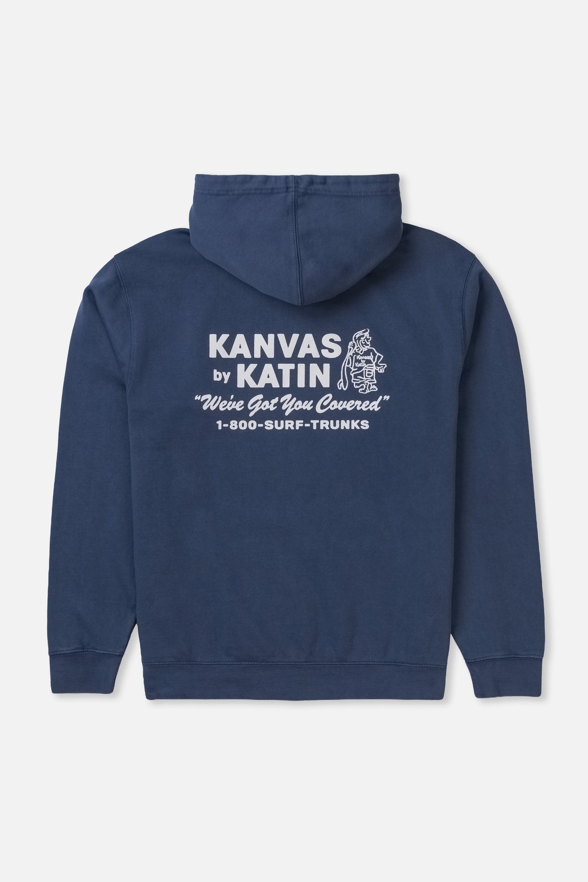 Navy blue hoodie with Kanvas by Katin branding on a light gray background