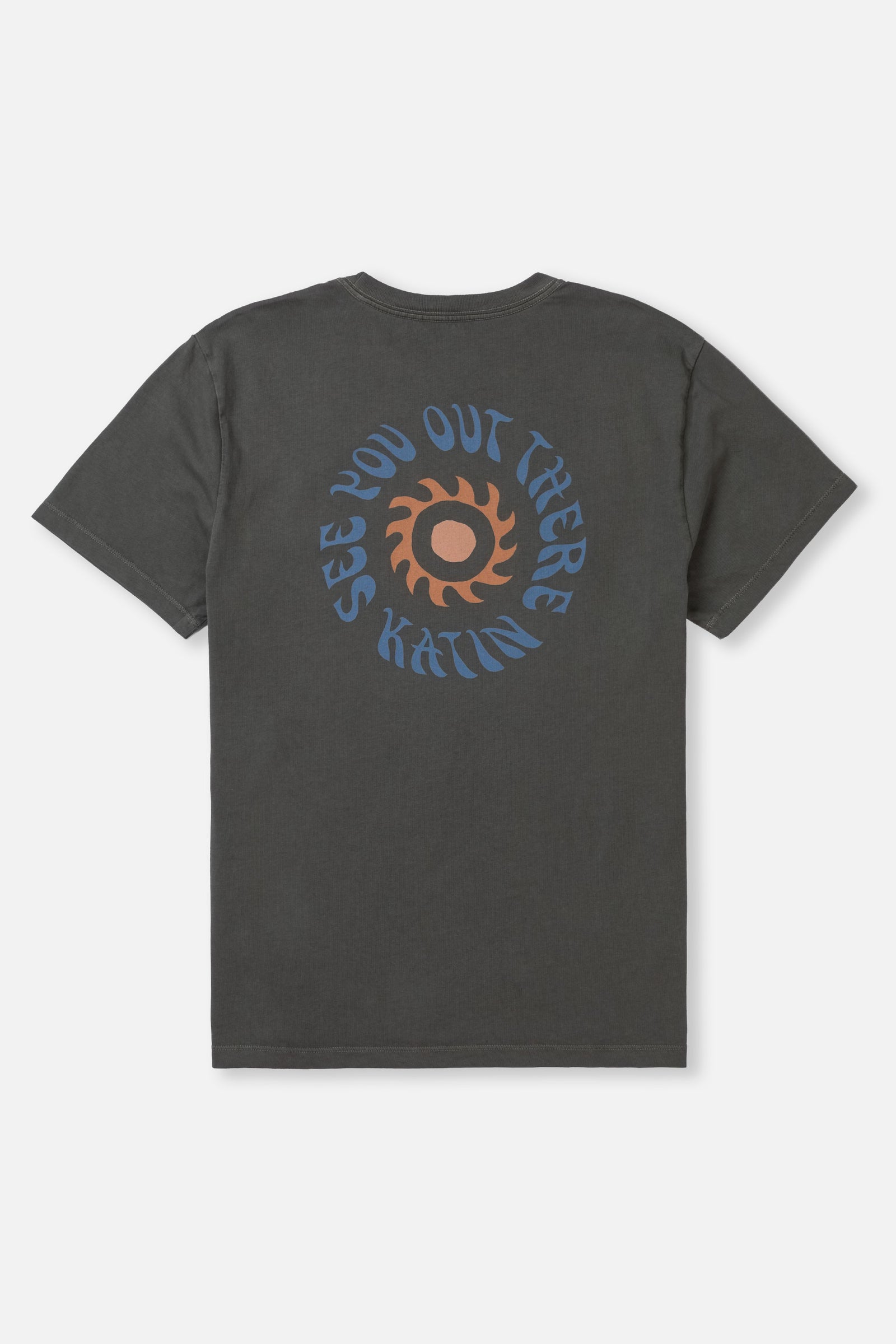 Black t-shirt with a logo and text on the back against a white background