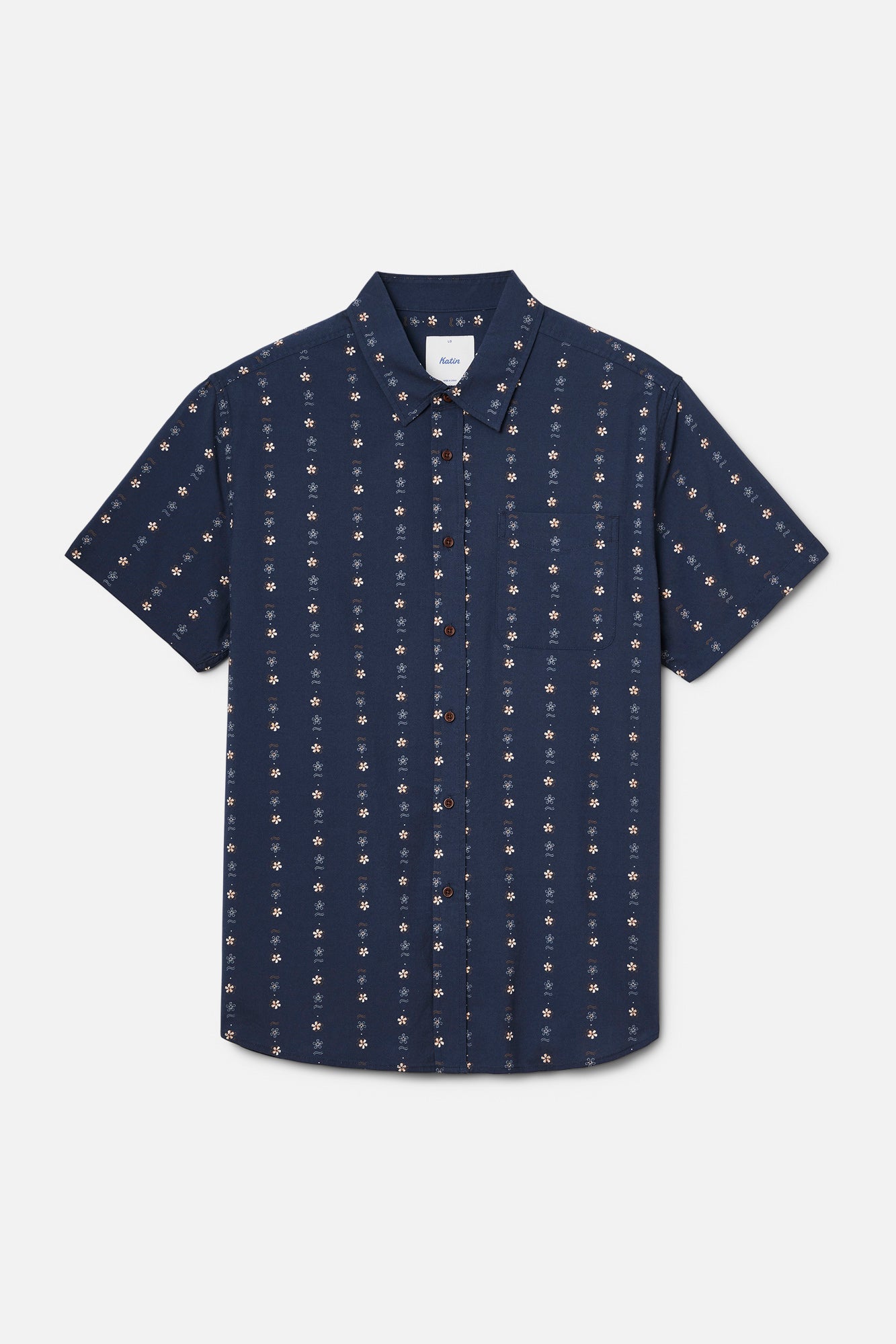Navy blue short-sleeve shirt with a subtle pattern on a light gray background