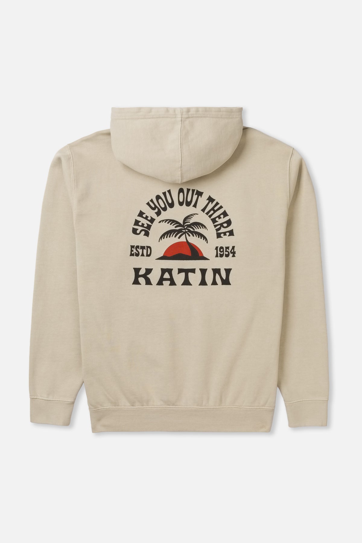 Beige hoodie with 'Katin' branding and text on the back against a white background