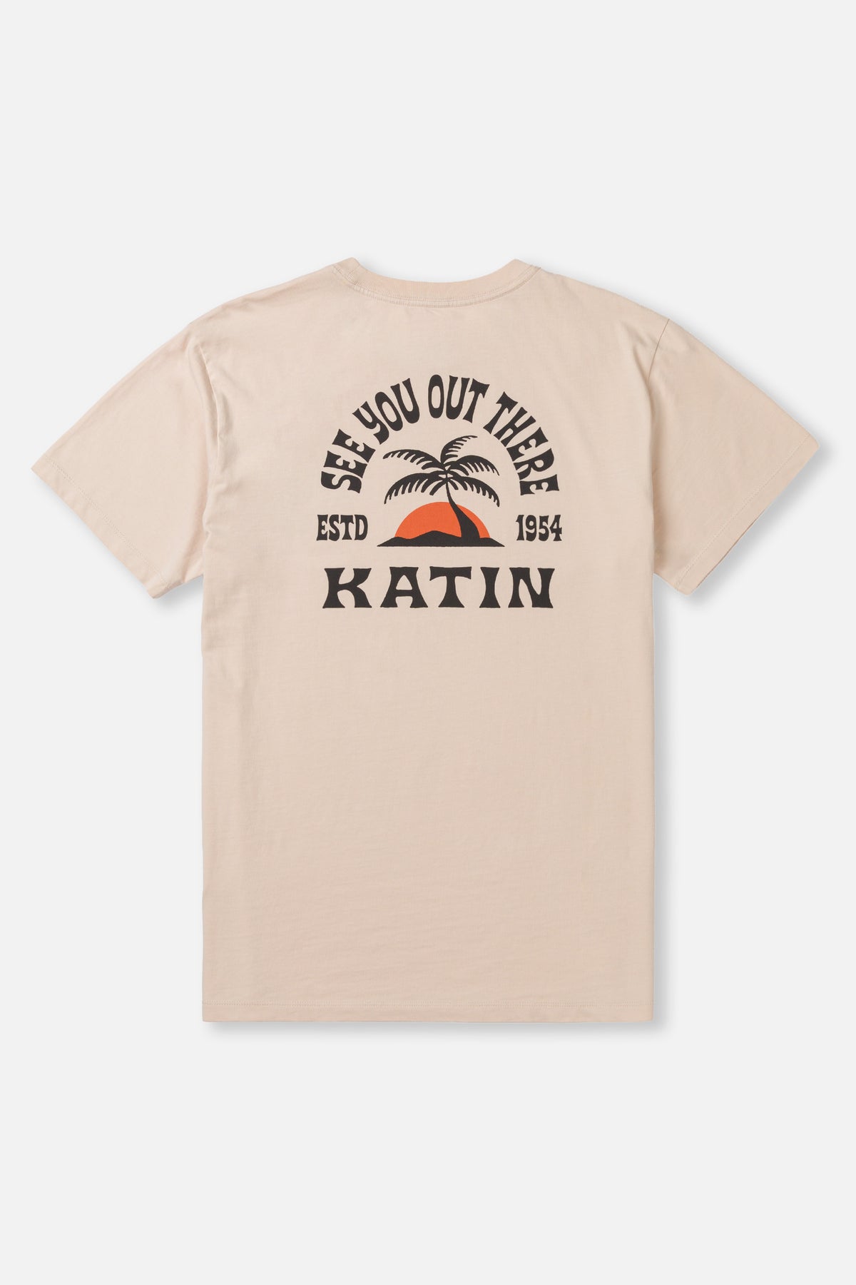 Beige t-shirt with palm tree graphic and text on a white background