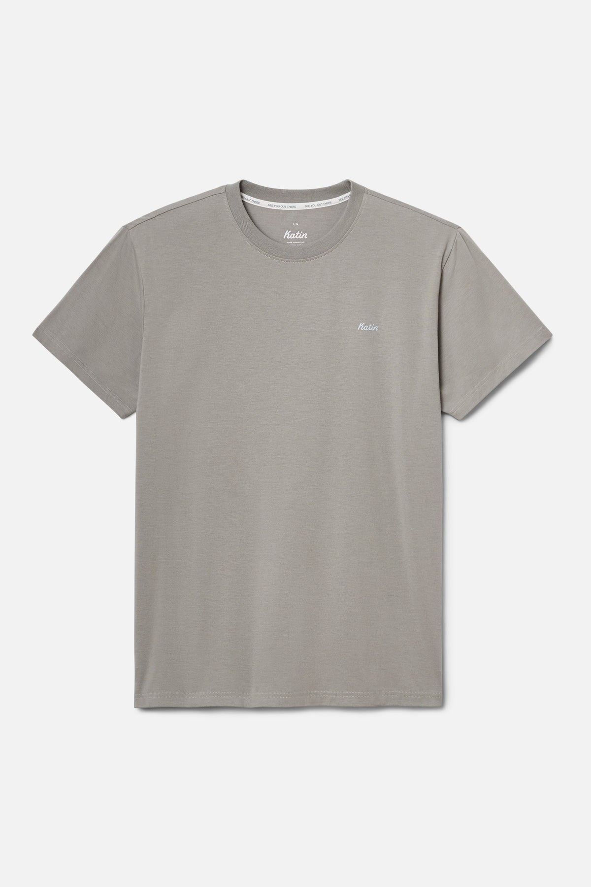 Gray t-shirt with a brand logo on a light gray background