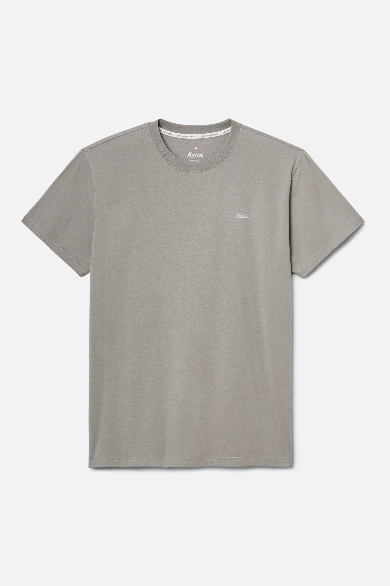 Gray t-shirt with a brand logo on a light gray background