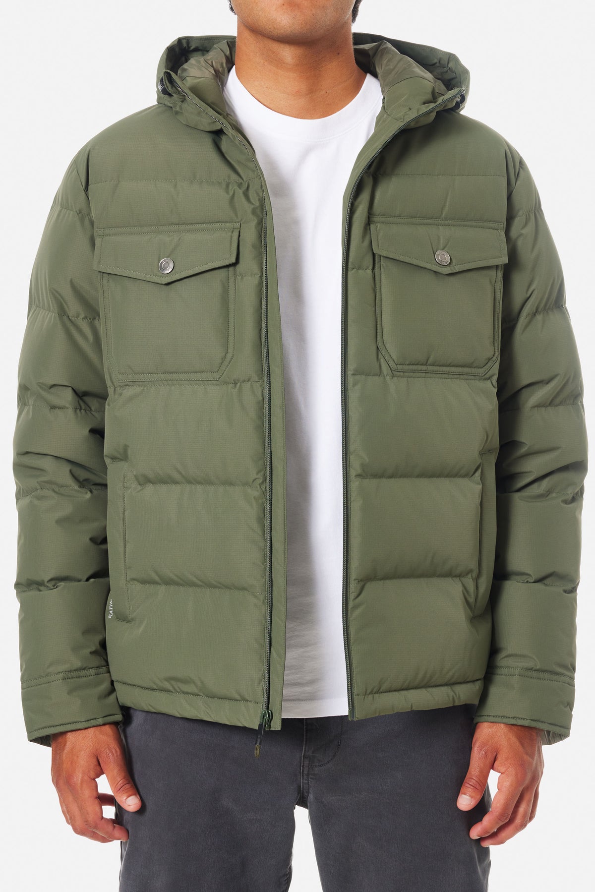 Katin OTG Summit Hooded Down Puffer in Thyme with a stacked fill pattern, on model, front #color_thyme