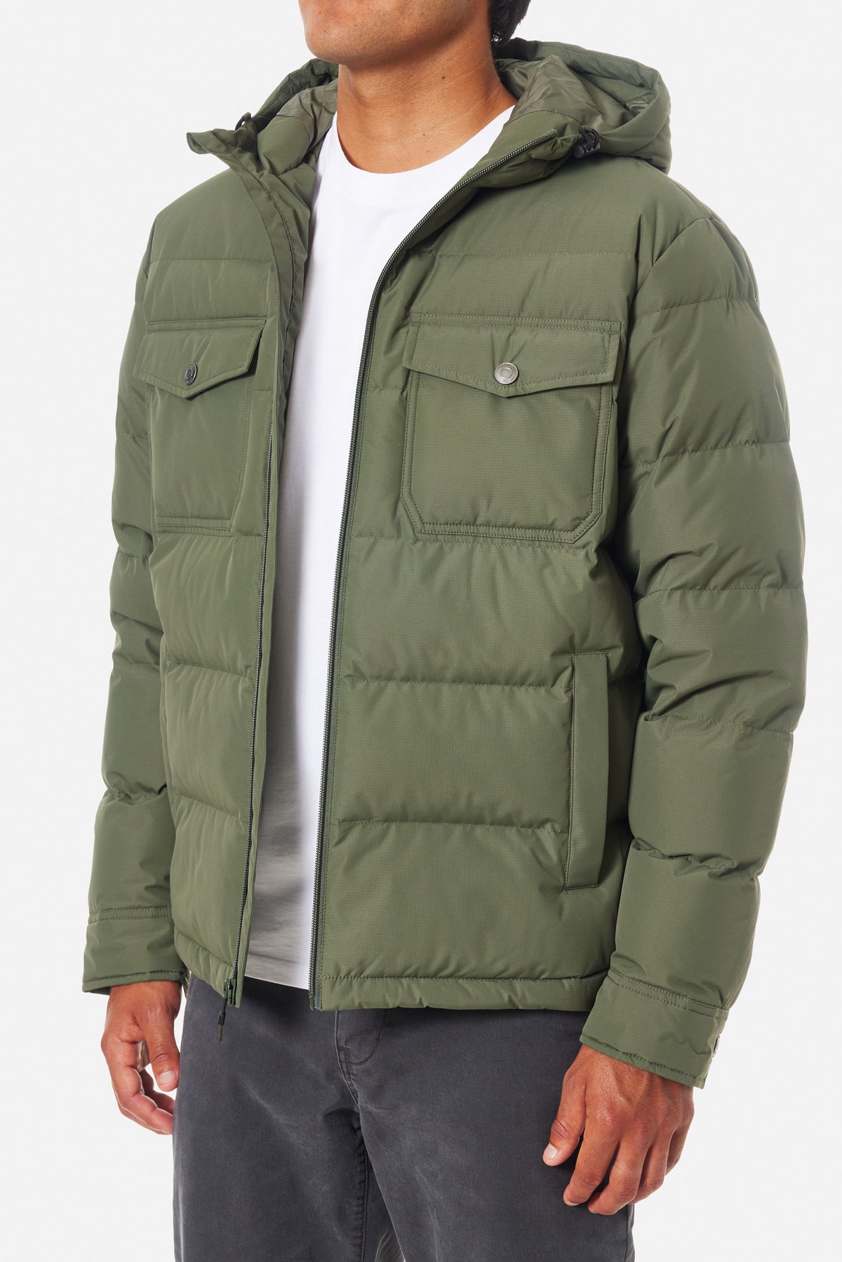 Katin OTG Summit Hooded Down Puffer in Thyme with a stacked fill pattern, on model, side #color_thyme