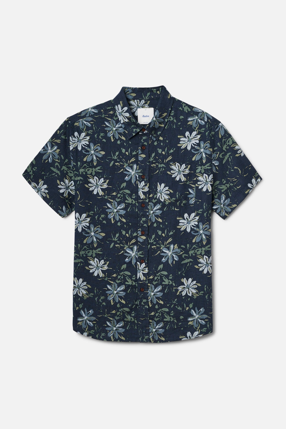 Navy floral patterned shirt on a light gray background