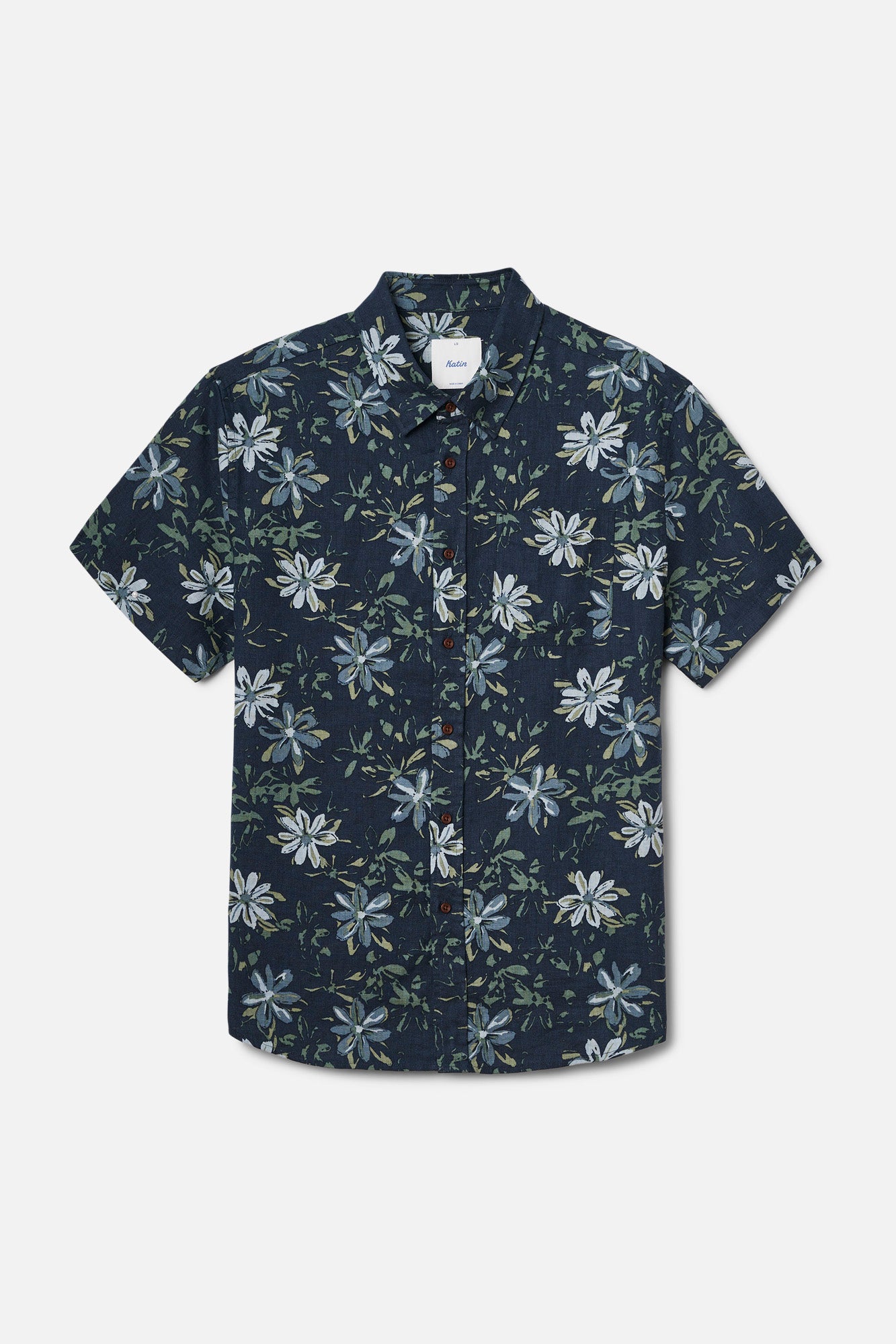 Navy floral patterned shirt on a light gray background