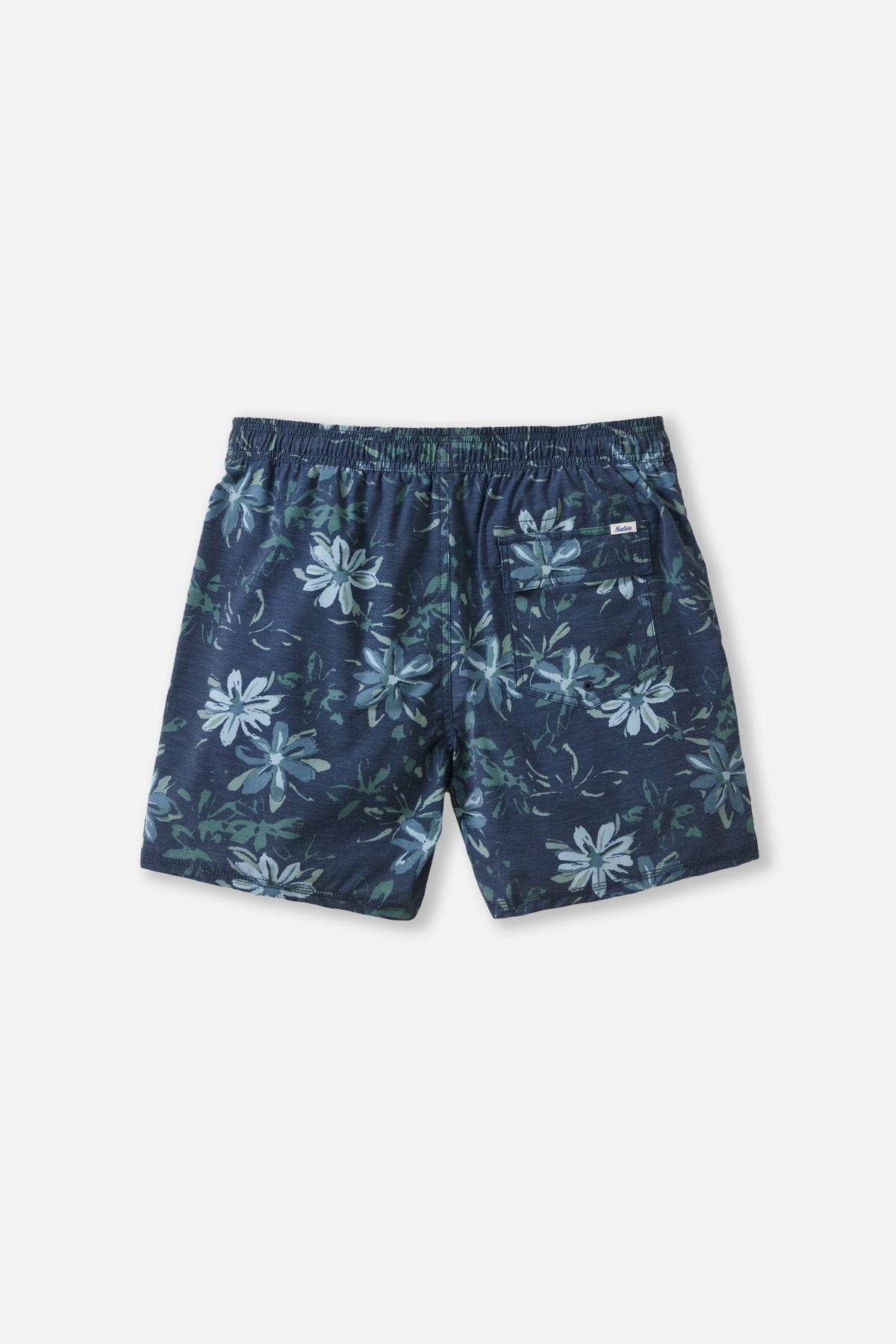 Navy blue floral-patterned shorts on a light gray background