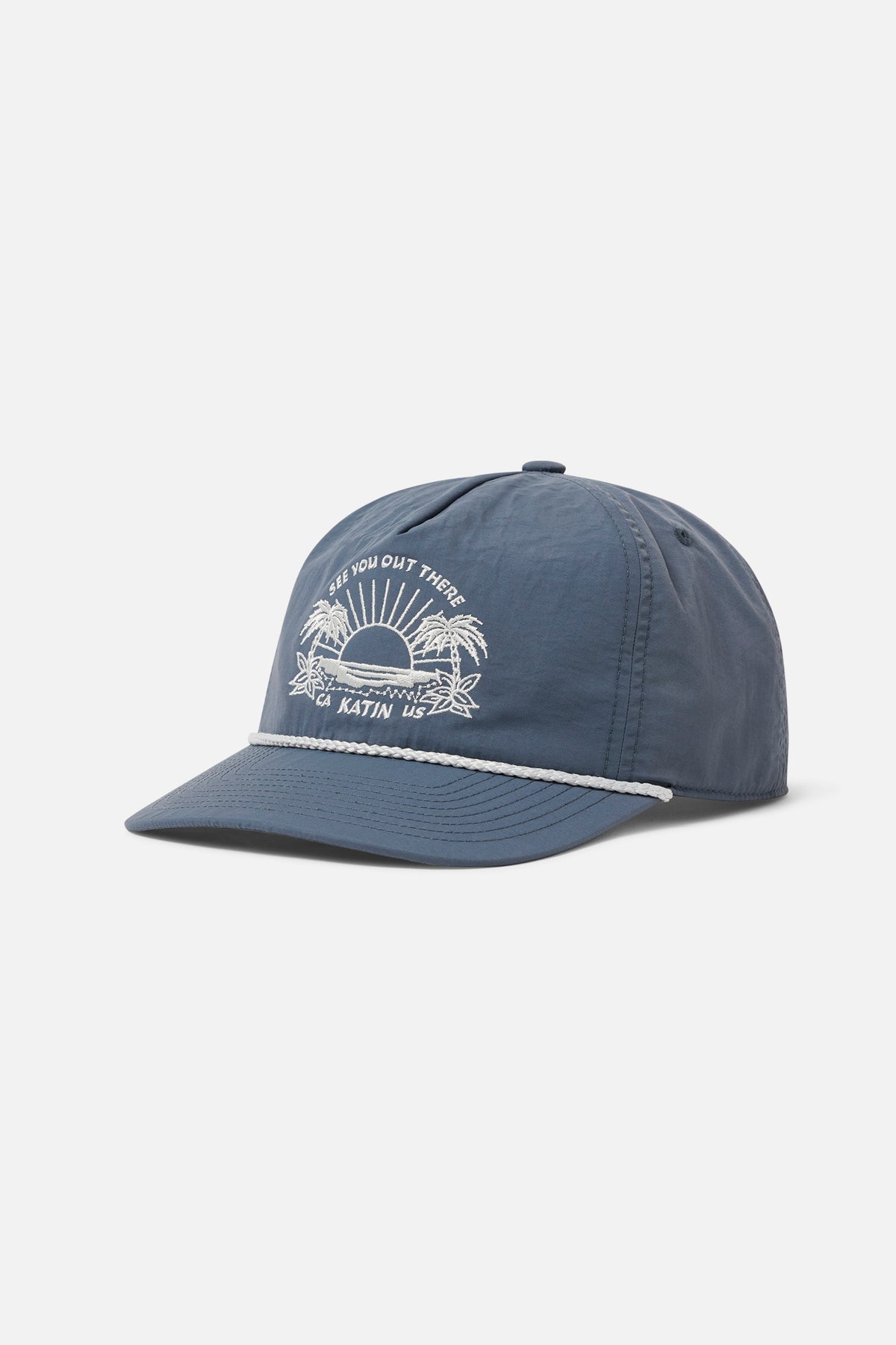 Blue hat with white Katin graphic on a light gray background