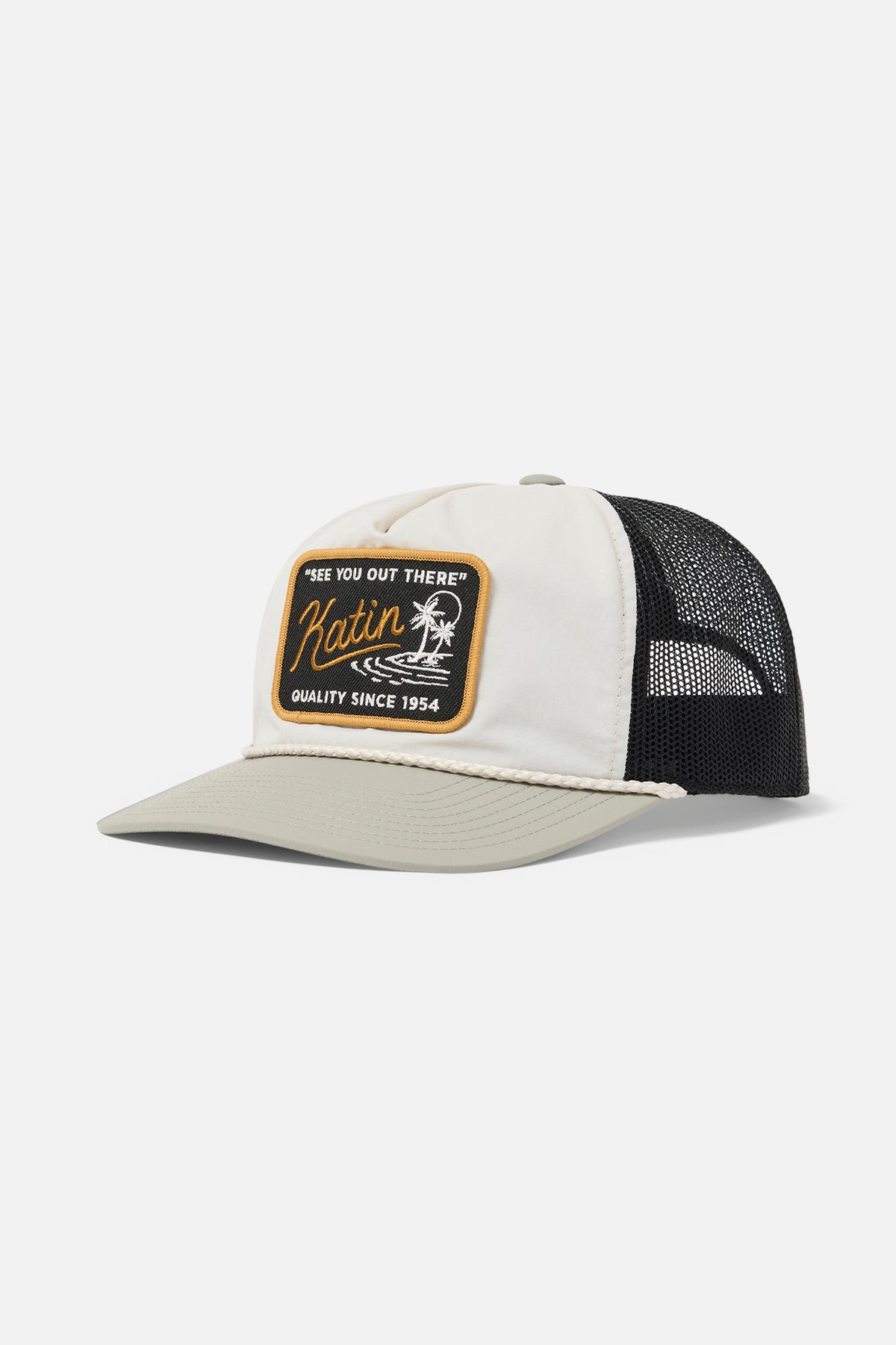 Trucker hat with a logo and text on a white background